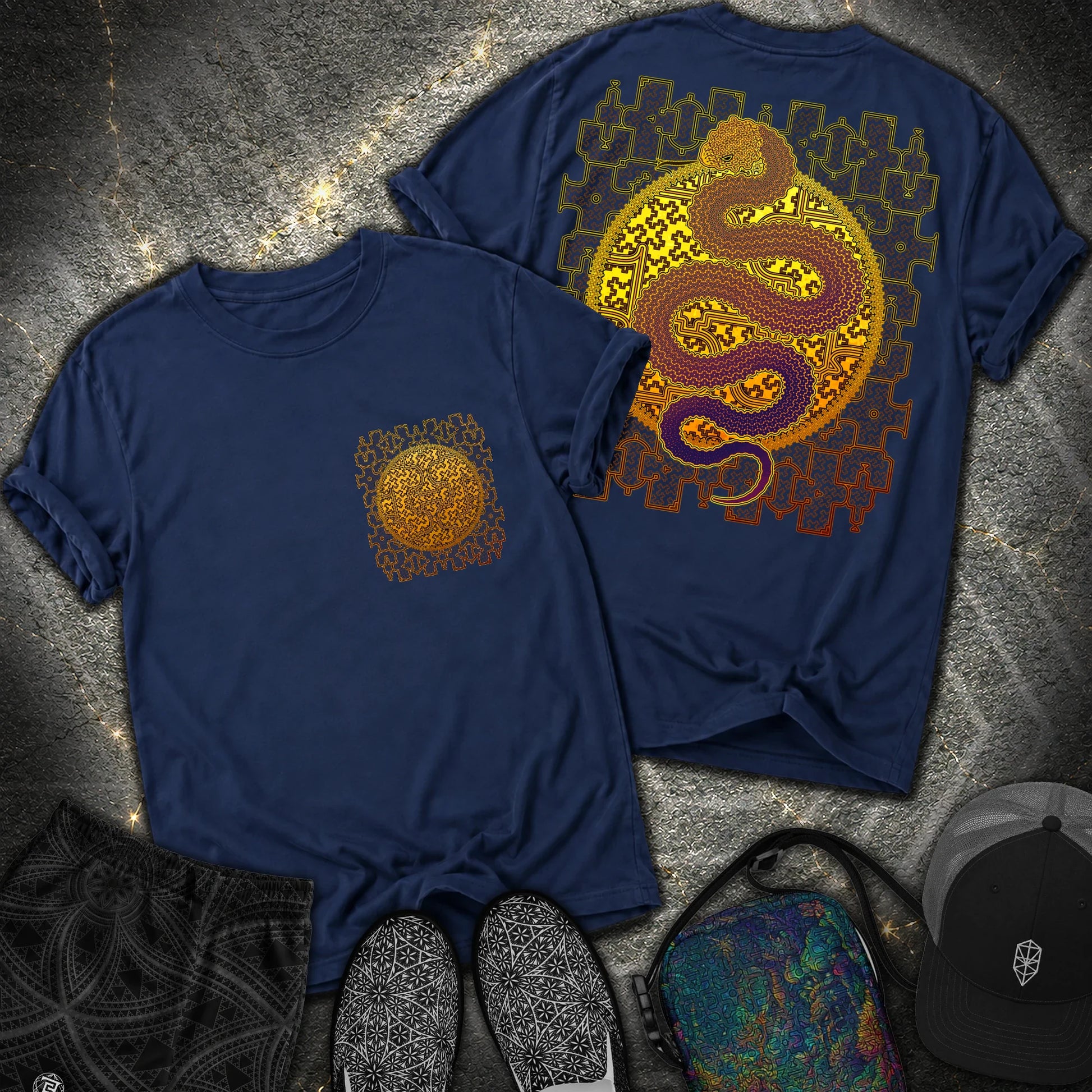 Shipibo Kene Cosmic Snake Comfort 2 Sided T-shirt - Shipibo Kene Cosmic Snake Comfort 2 Sided T-shirt - True Navy