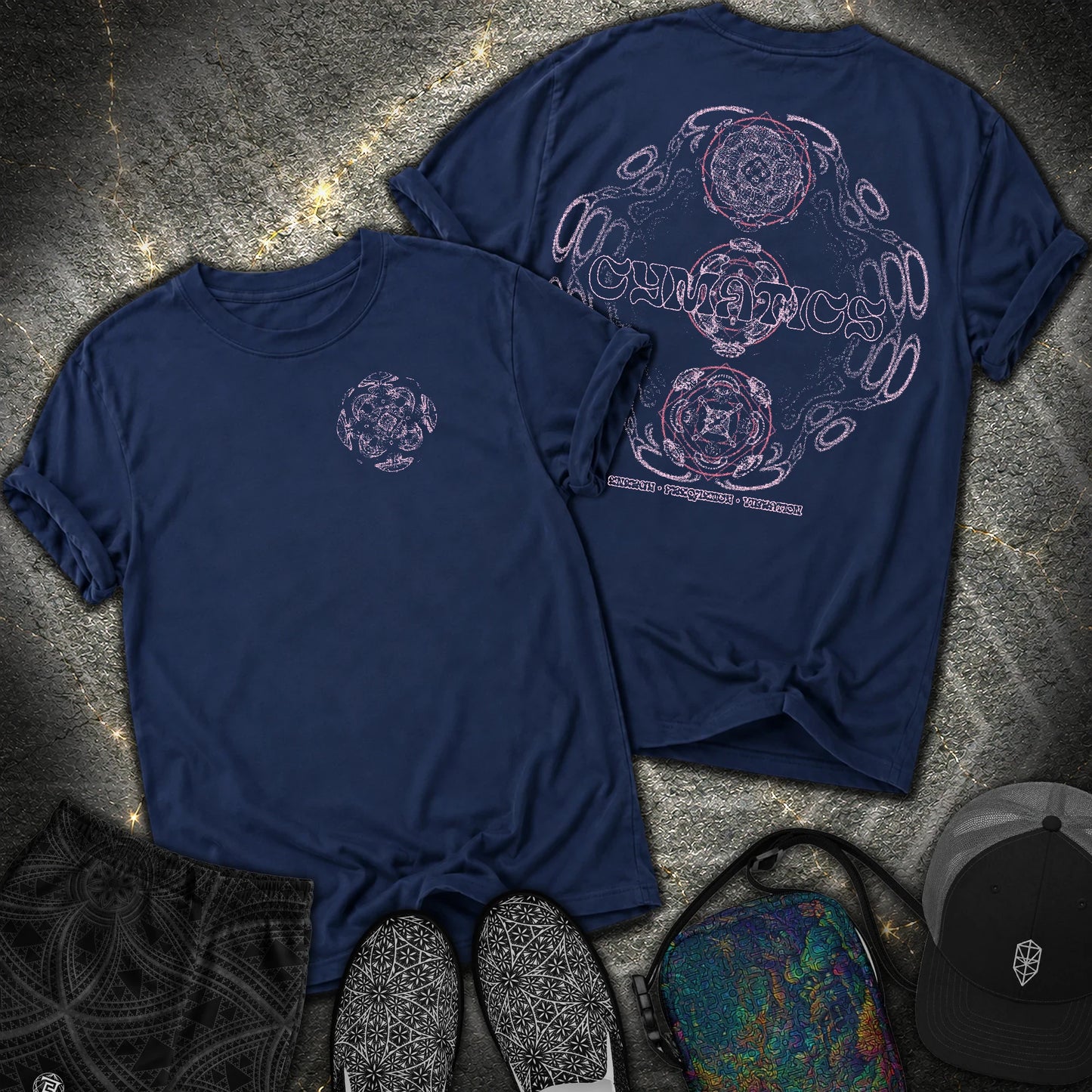 Cymatics, Energy Frequency Vibration 2 Sided Comfort T-Shirt - Cymatics, Energy Frequency Vibration 2 Sided Comfort T-Shirt - True Navy