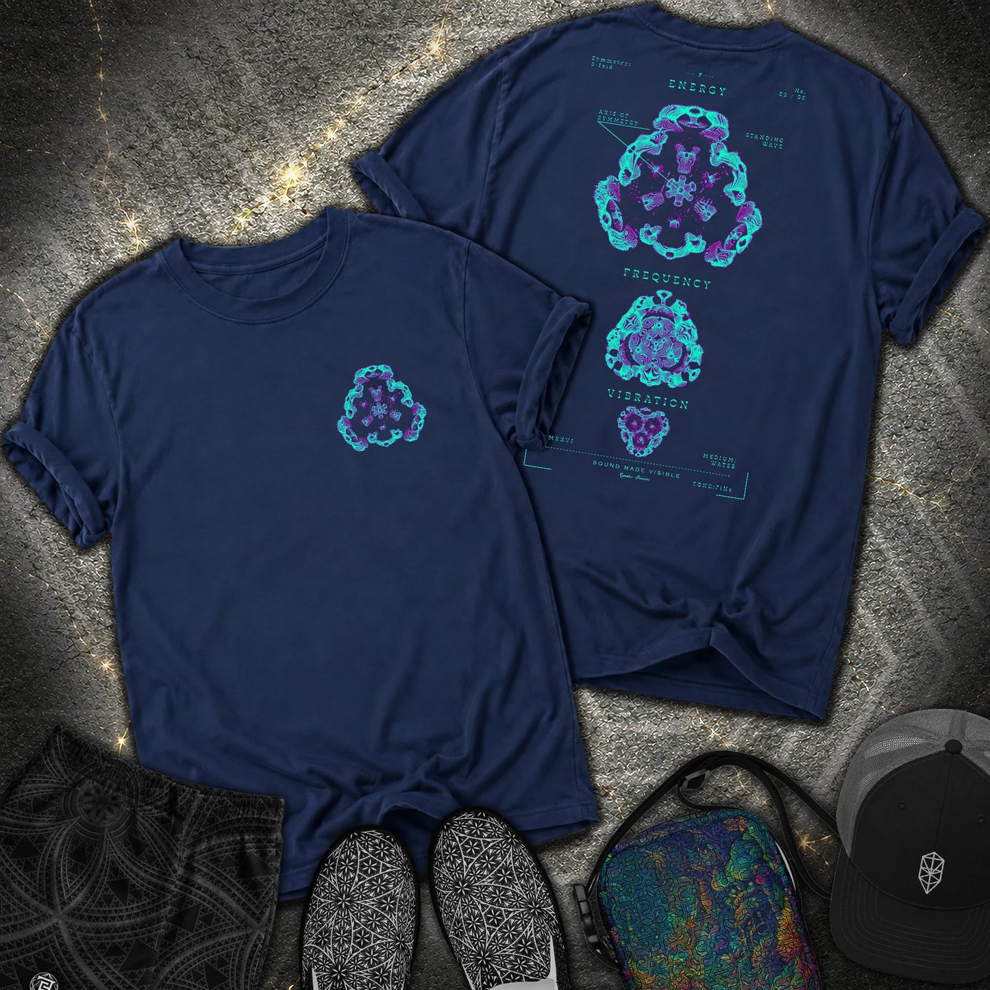Sound Made Visible Cymatics 02 Comfort 2 Sided Comfort T-Shirt - Sound Made Visible Cymatics 02 Comfort 2 Sided Comfort T-Shirt - True Navy