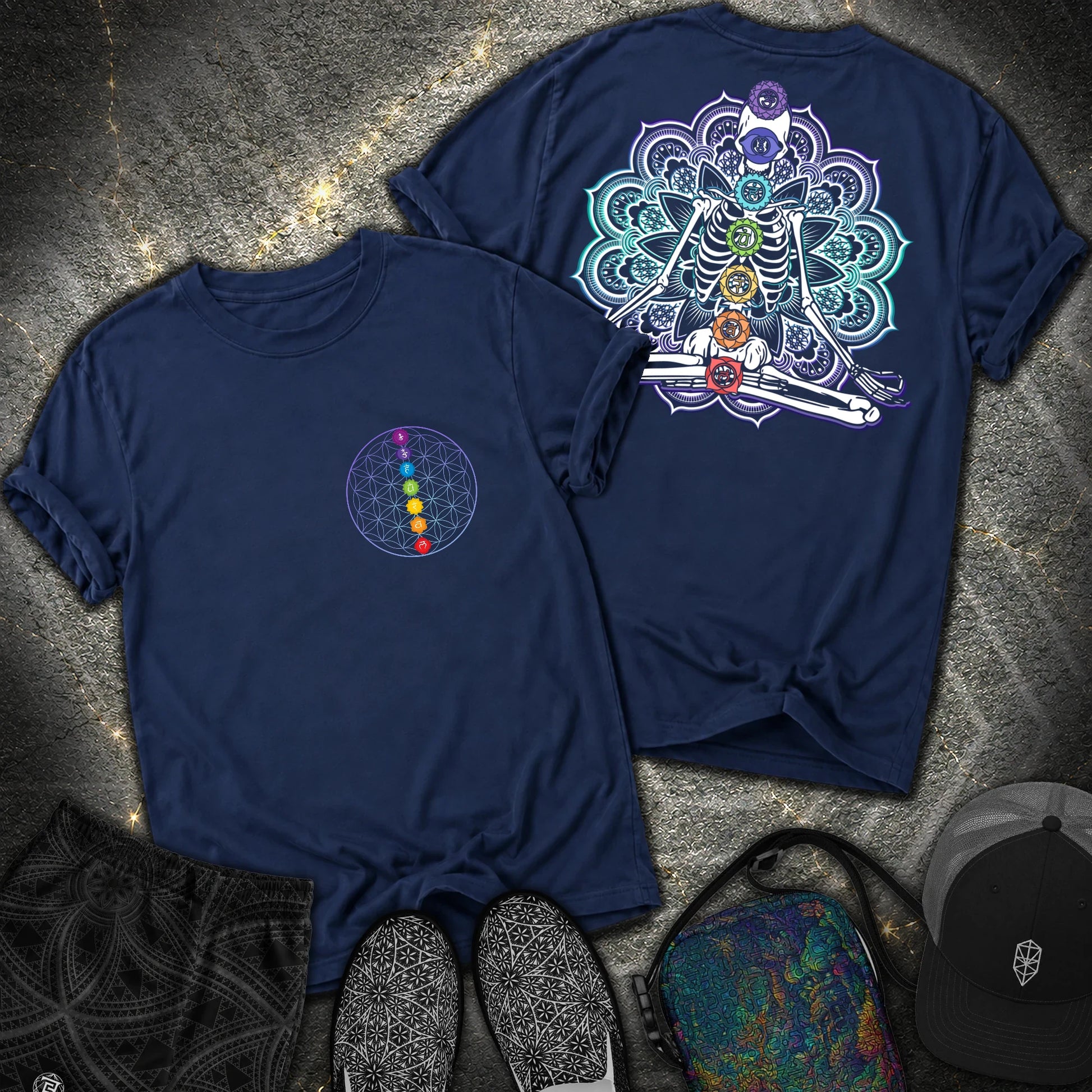 We Are One Meditating Skeleton 2 Sided T-Shirt - We Are One Meditating Skeleton 2 Sided Comfort T-Shirt - True Navy