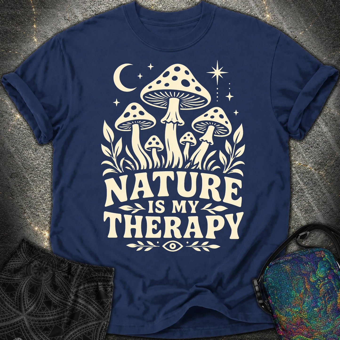 Nature Is My Therapy Mushroom Comfort T-Shirt - Nature Is My Therapy Mushroom Comfort T-Shirt - True Navy
