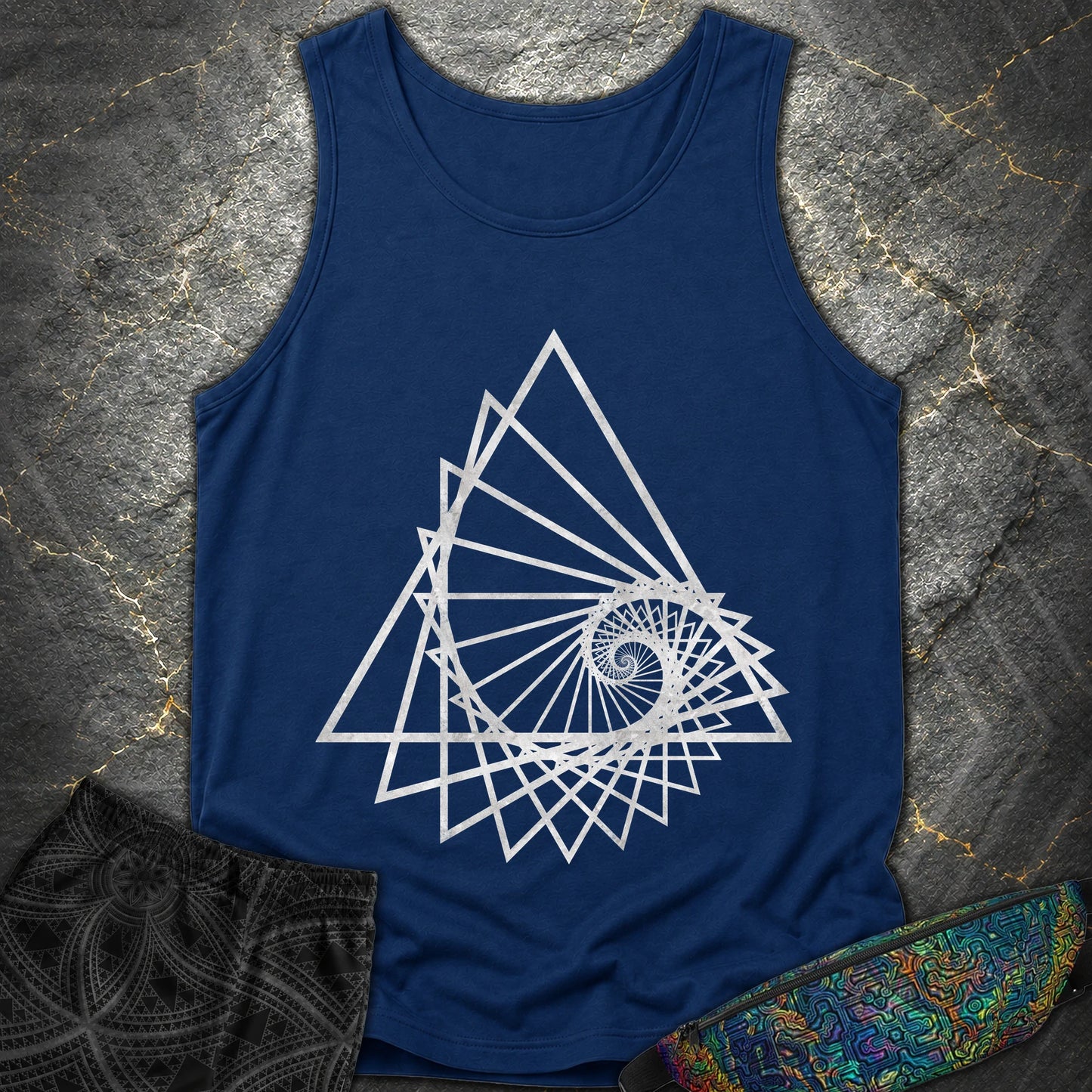 Spiralling Triangle Geometric T-Shirt - Spiralling Triangle Geometric Comfort Tank Top - True Navy