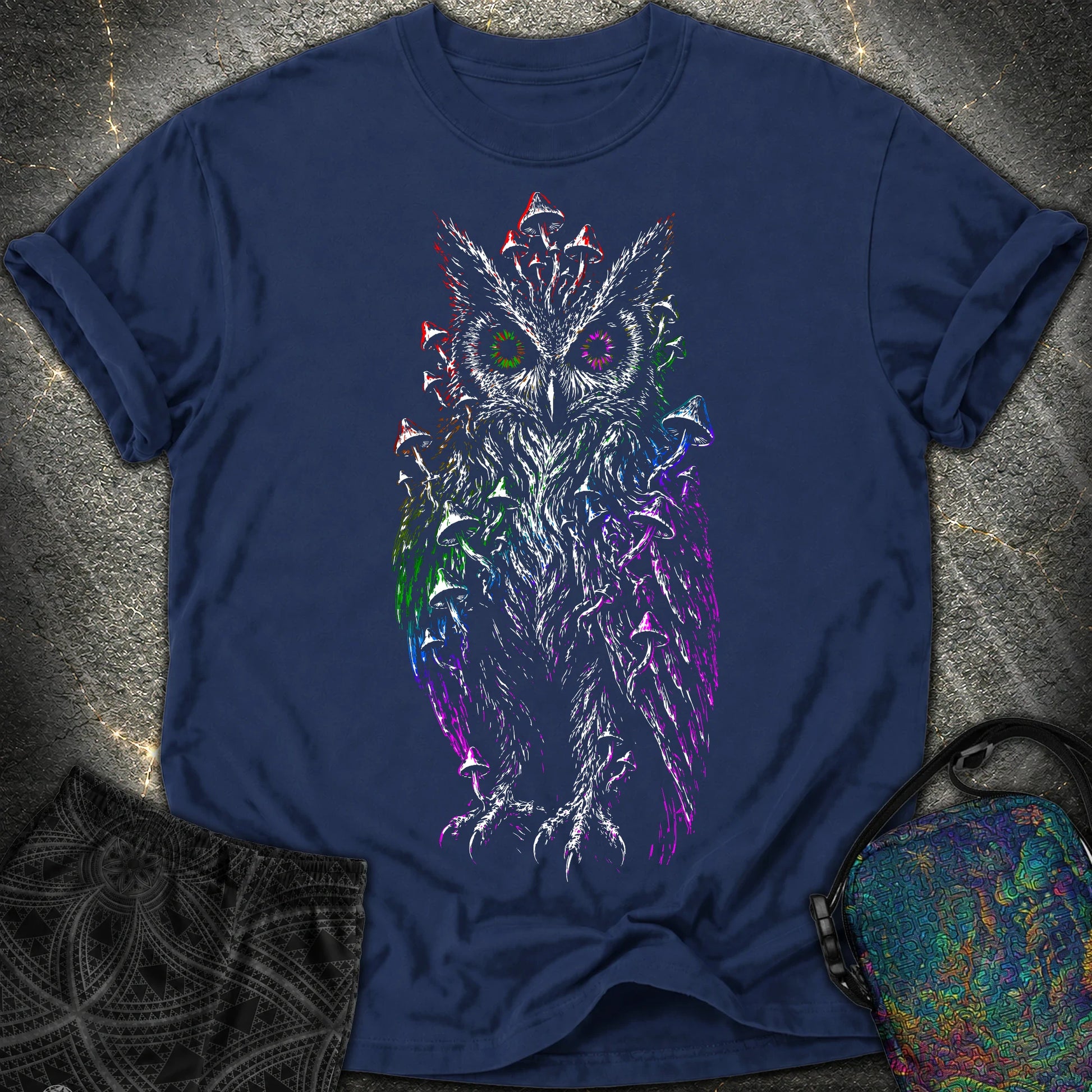 Trippy Mushroom Owl Comfort T-Shirt - Trippy Mushroom Owl Comfort T-Shirt - True Navy