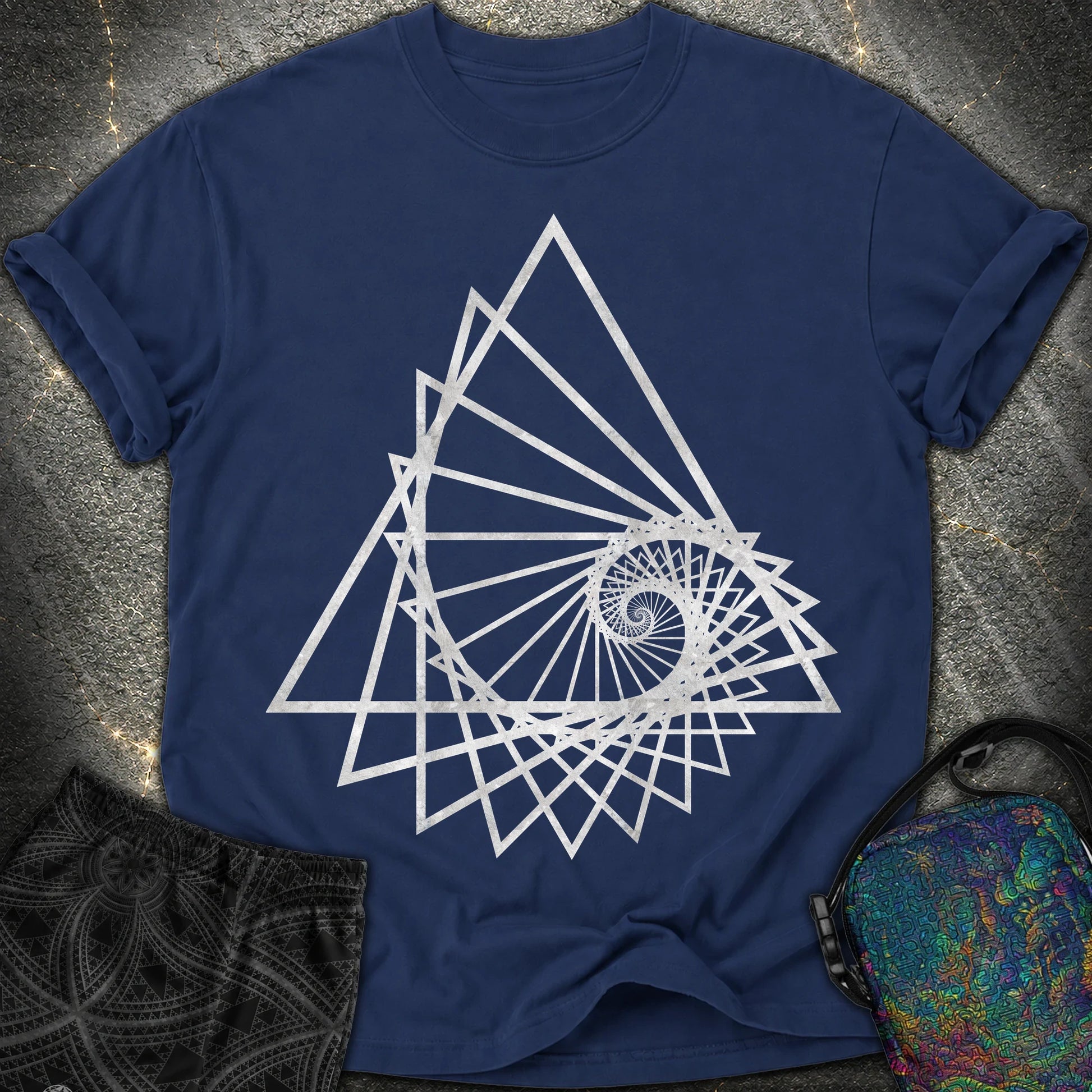 Spiralling Triangle Geometric T-Shirt - Spiralling Triangle Geometric Comfort T-Shirt - True Navy