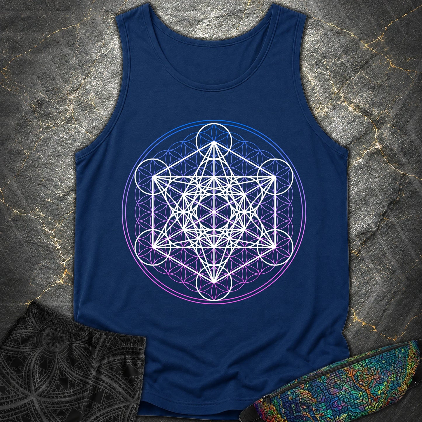 White Metatron Gradient Flower T-Shirt - White Metatron Gradient Flower Comfort Tank Top - True Navy
