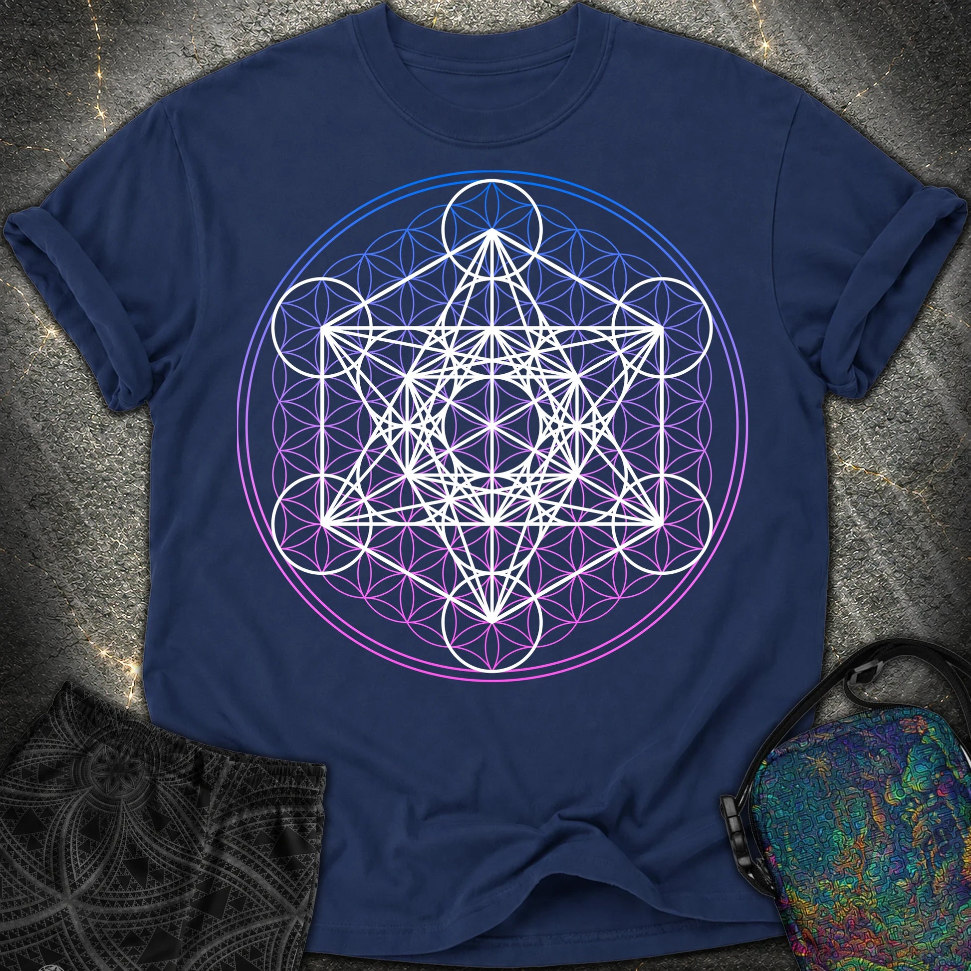 White Metatron Gradient Flower T-Shirt - White Metatron Gradient Flower Comfort T-Shirt - True Navy