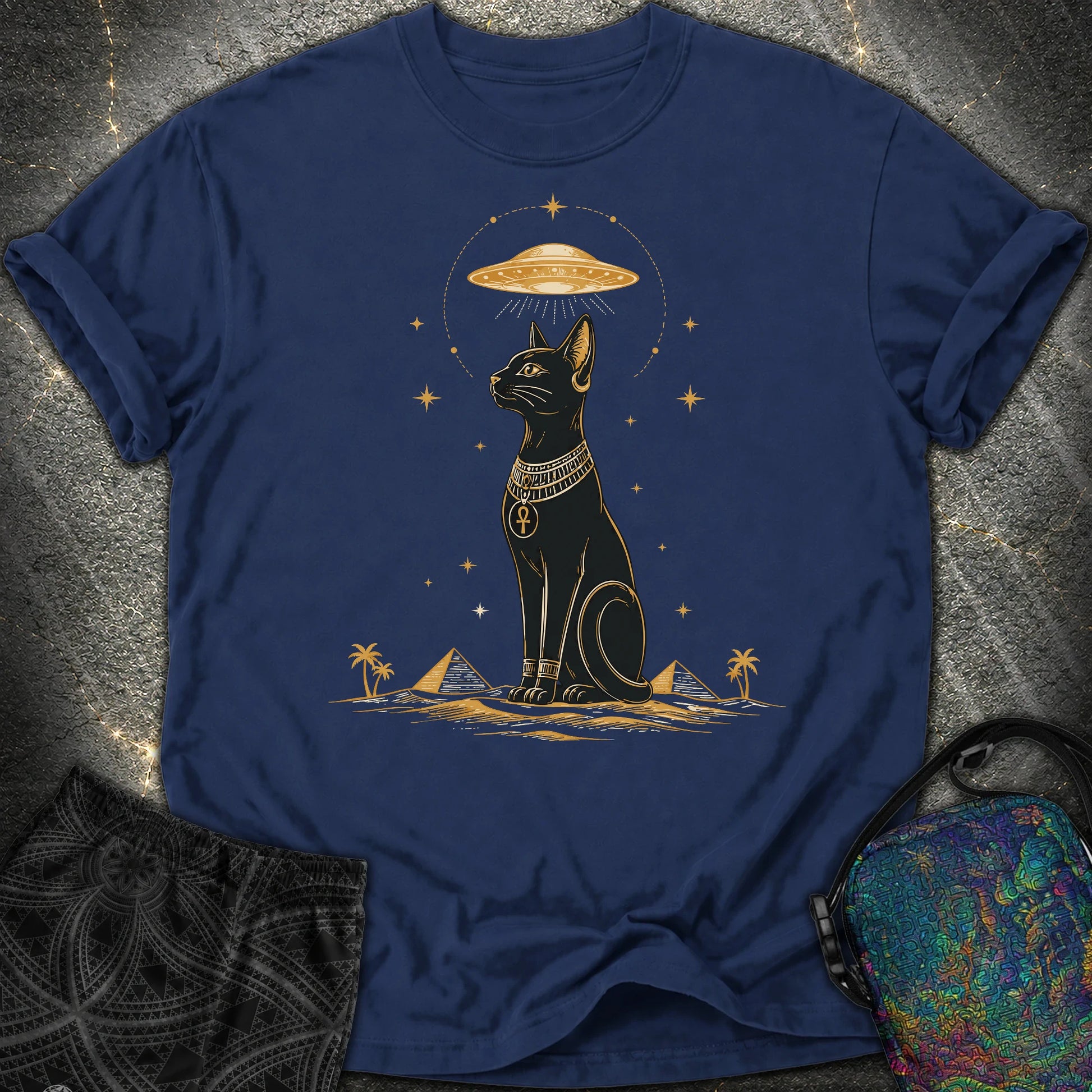 Celestial Cat Beneath the Starship - Celestial Cat Beneath the Starship Comfort T-Shirt - True Navy