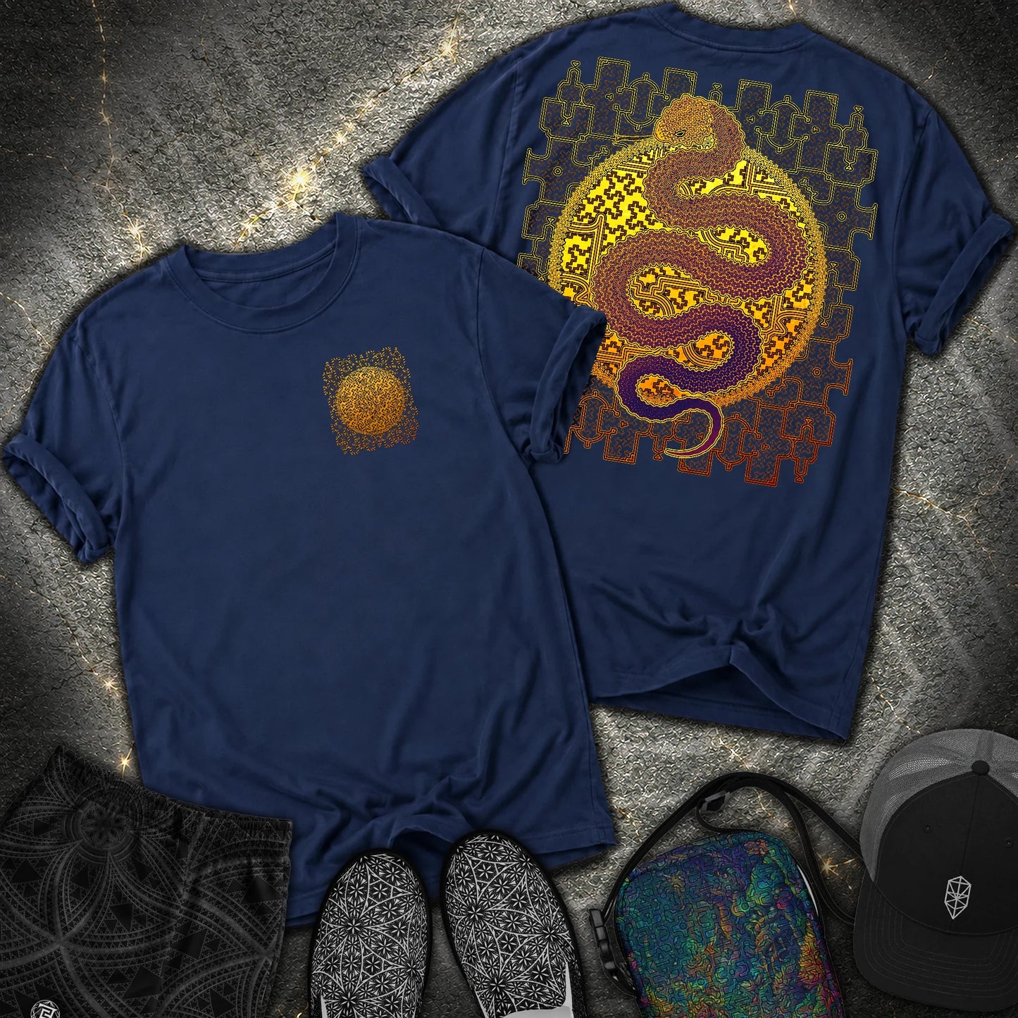 Shipibo Kene Cosmic Snake Comfort 2 Sided T-shirt - Shipibo Kene Cosmic Snake Comfort 2 Sided T-shirt - True Navy