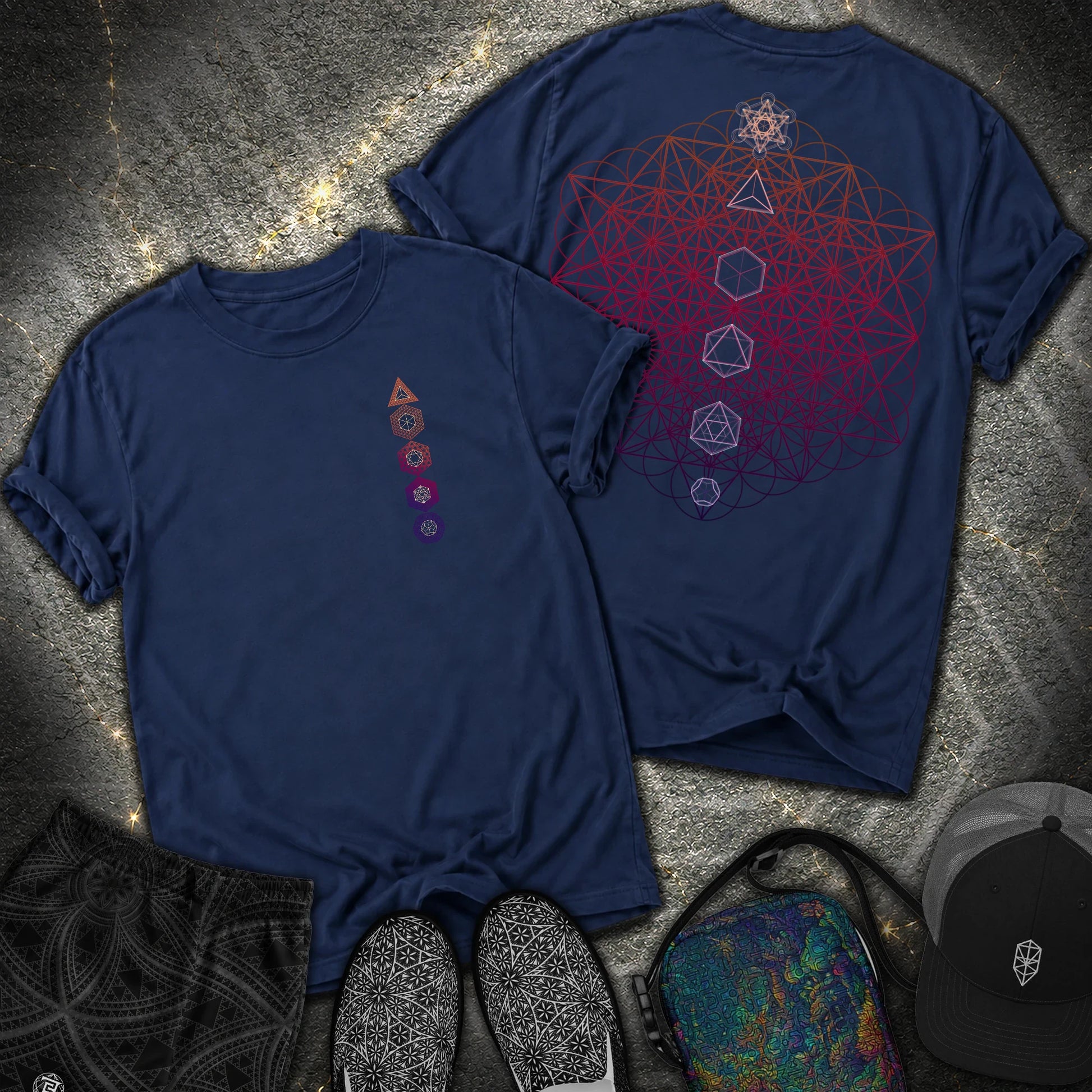 64 Tetrahedron Platonic Solids Metatron 2 Sided Comfort T-shirt - 64 Tetrahedron Platonic Solids Metatron 2 Sided Comfort T-shirt - True Navy