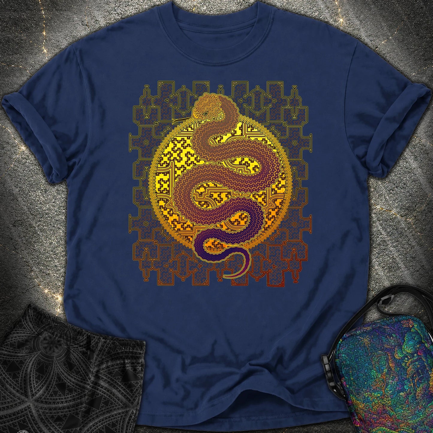 Shipibo Cosmic Snake Comfort T-Shirt - Shipibo Cosmic Snake Comfort T-Shirt - True Navy
