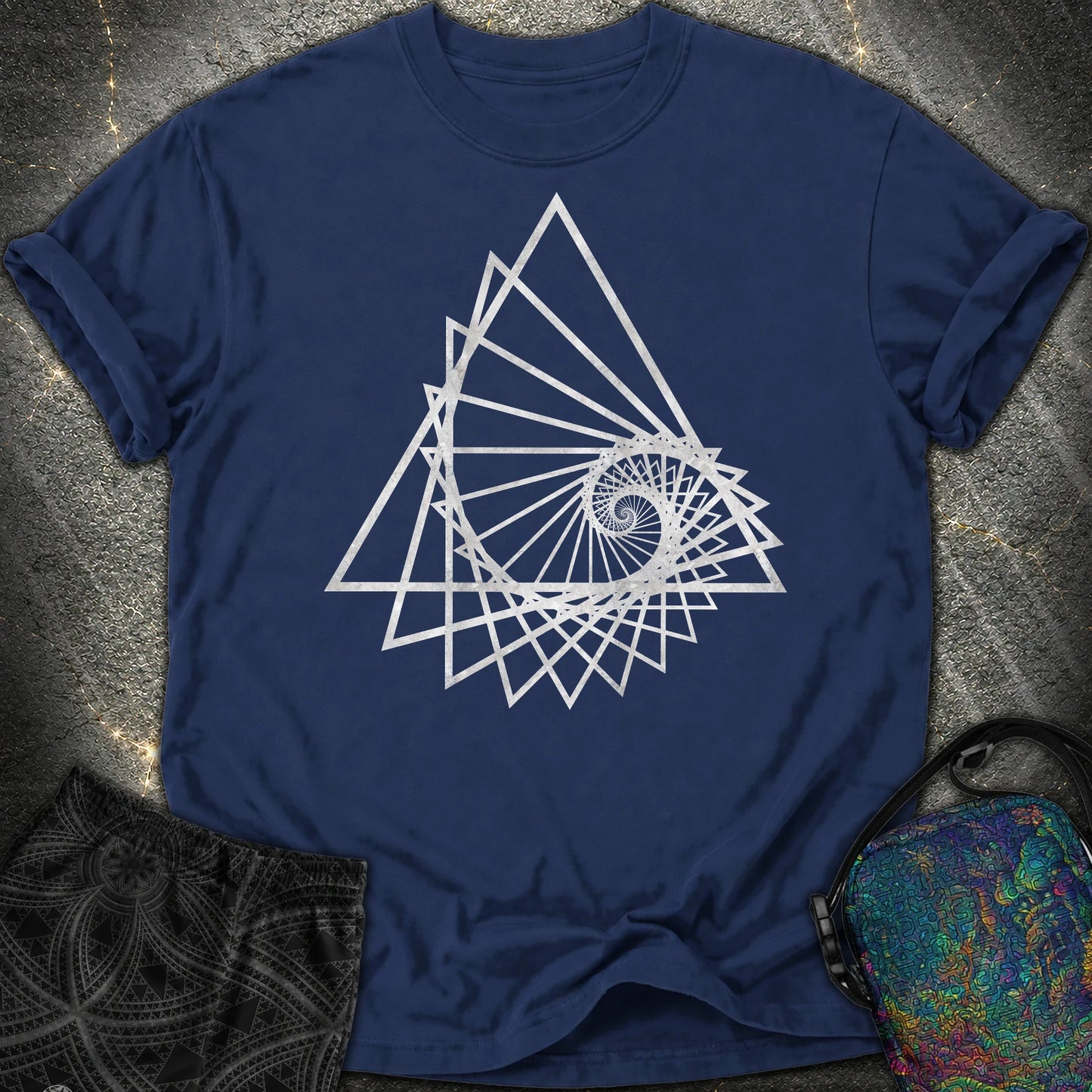 Spiralling Triangle Geometric Comfort T-Shirt - Spiralling Triangle Geometric Comfort T-Shirt - True Navy