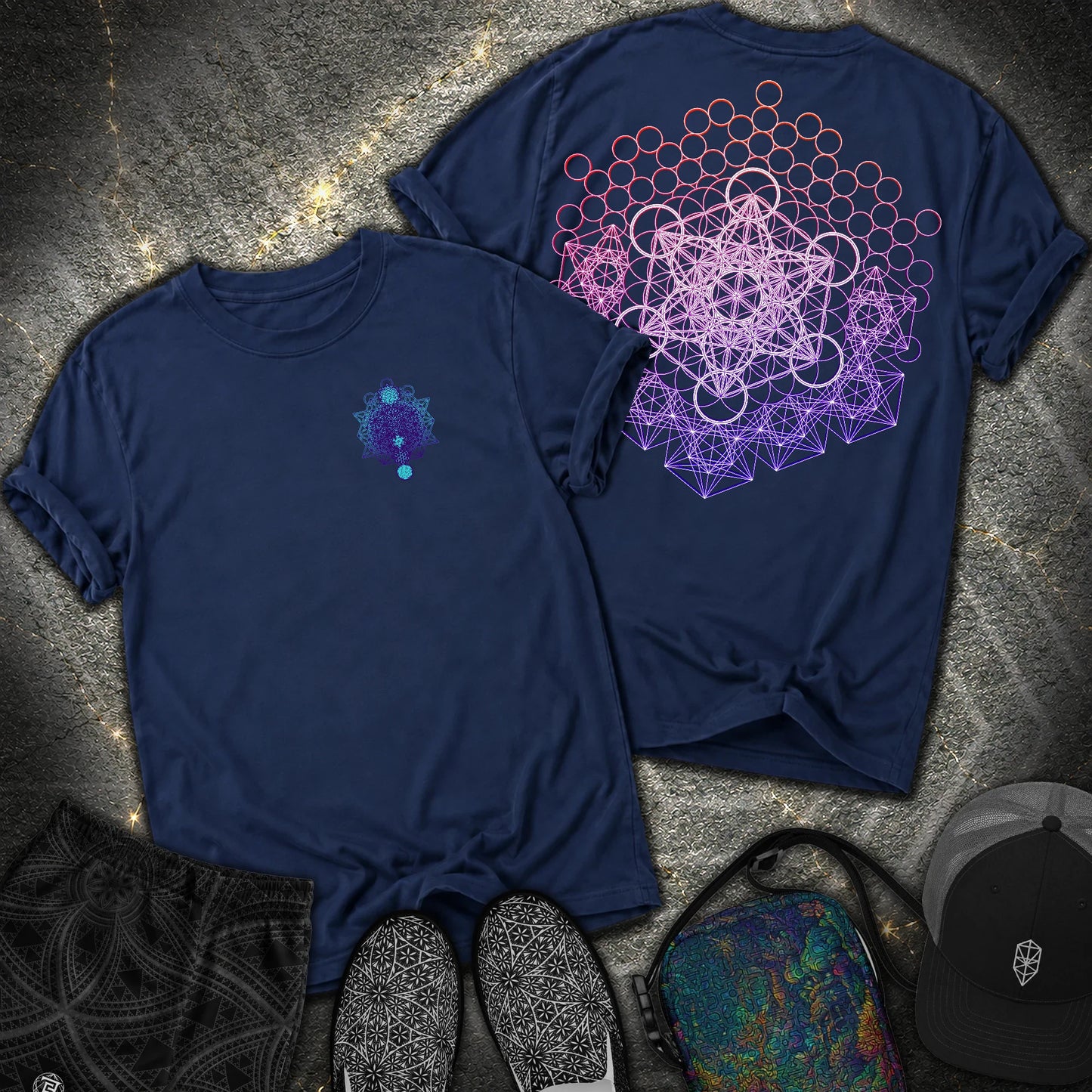 Metatron And Flower Connection Comfort 2 Sided T-Shirt - Metatron And Flower Connection Comfort 2 Sided T-Shirt - True Navy