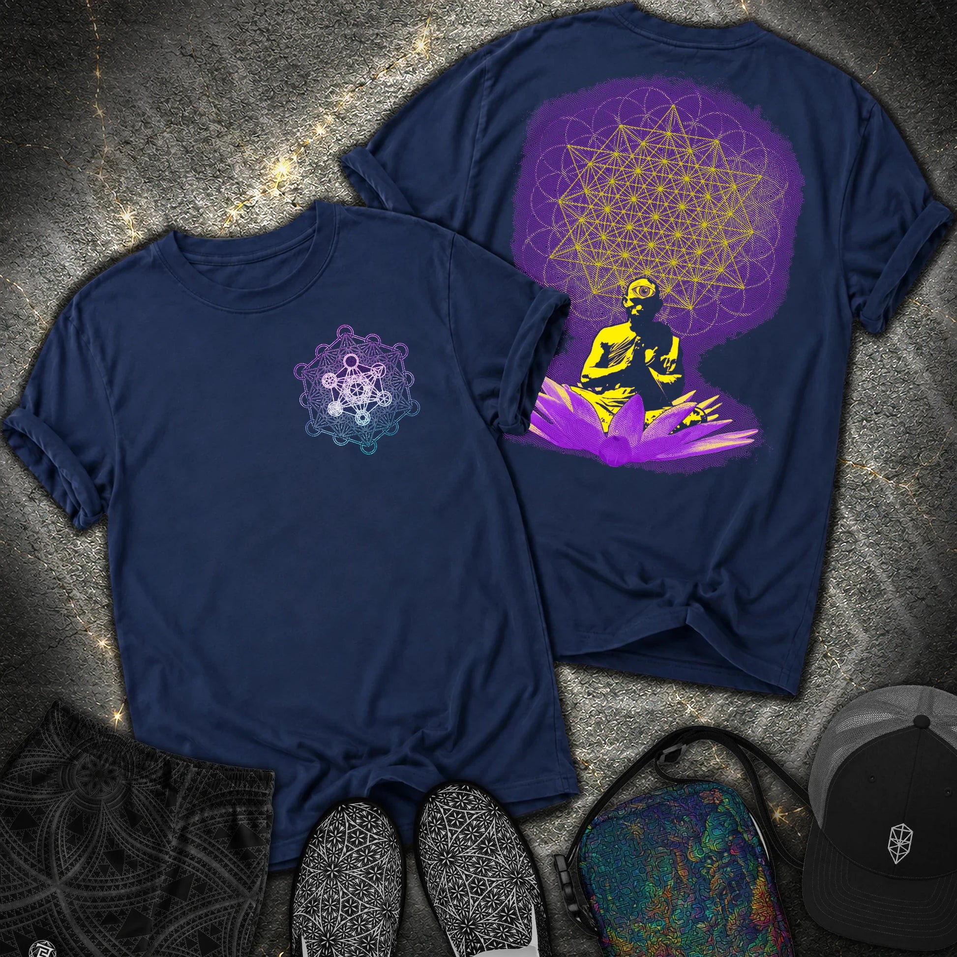Meditating Monk Tetrahedron Metatron 2 Sided Comfort T-Shirt - Meditating Monk Tetrahedron Metatron 2 Sided Comfort T-Shirt - True Navy