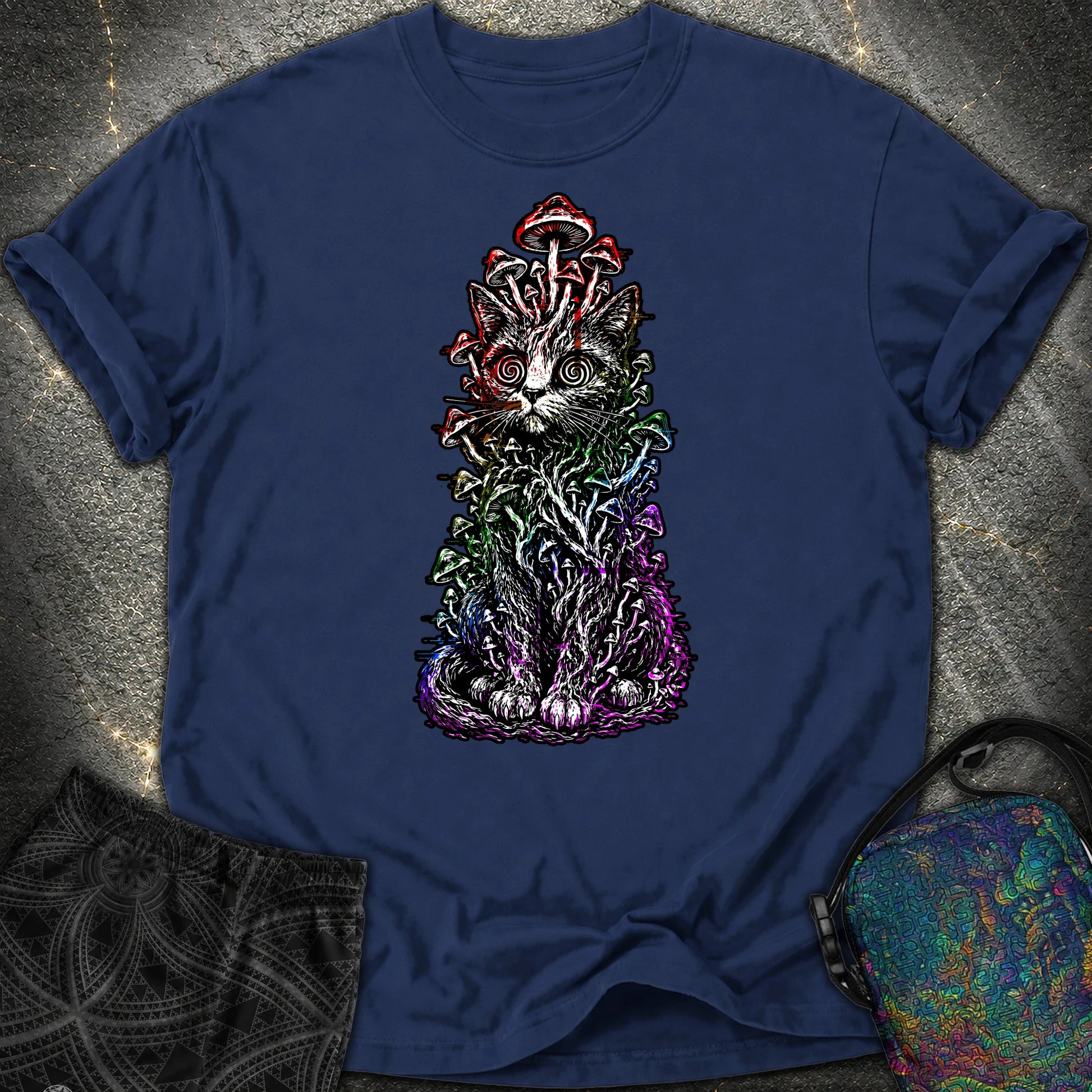 Trippy Mushroom Cat Comfort T-Shirt - Trippy Mushroom Cat Comfort T-Shirt - True Navy