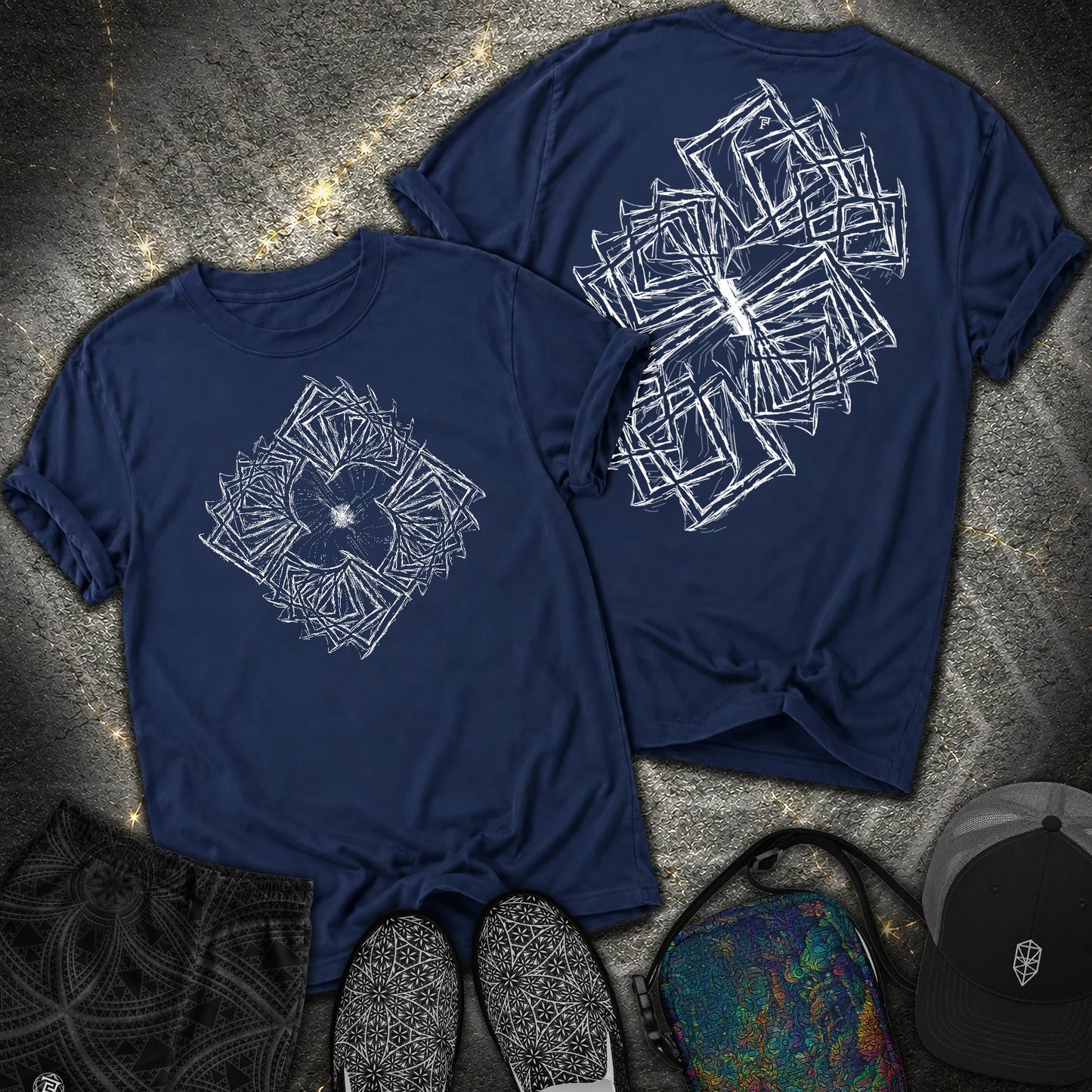 Fractured Vortex Geometric Comfort 2 Sided T-Shirt - Fractured Vortex Geometric Comfort 2 Sided T-Shirt - True Navy
