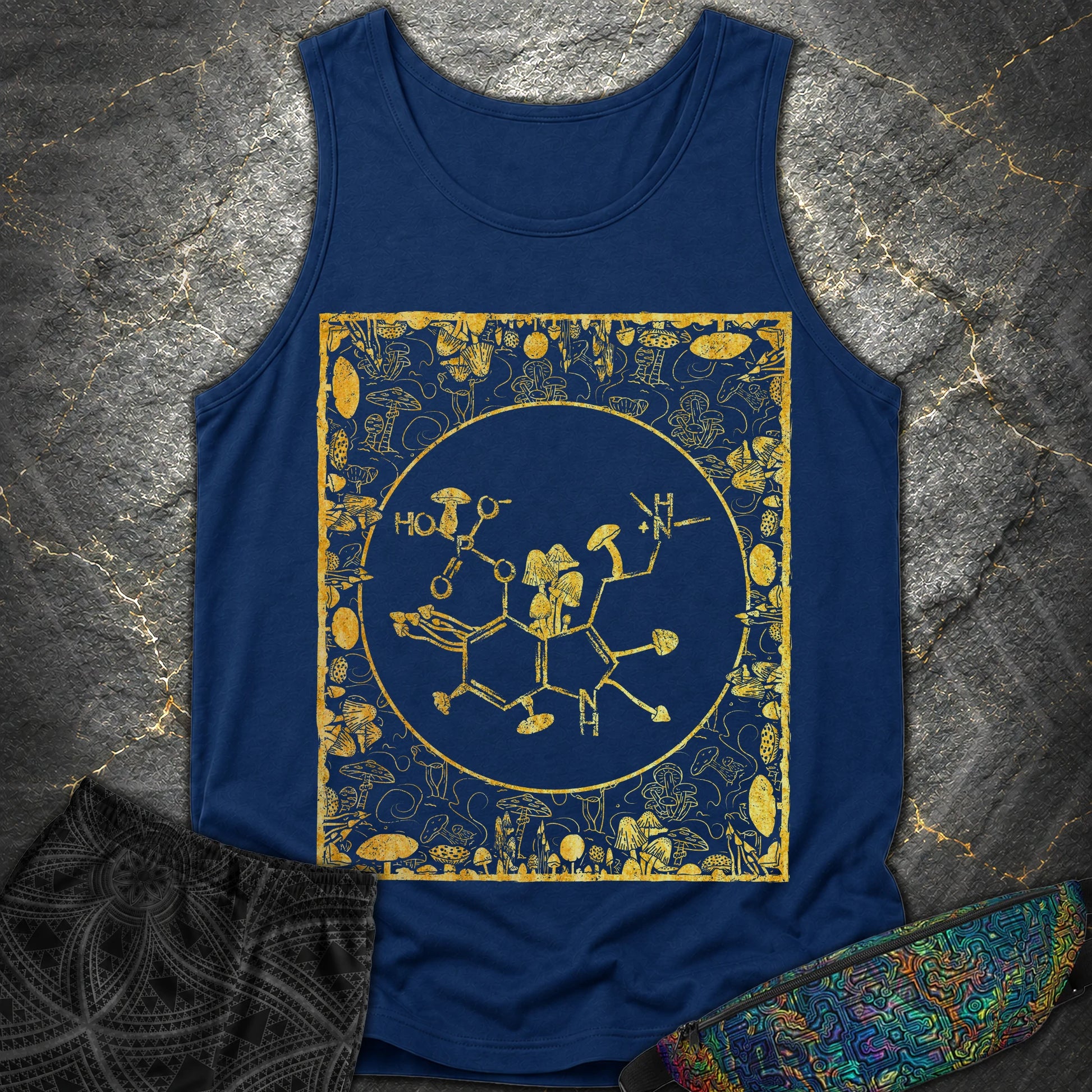 Psilocybin Molecule Mushroom Frame - Psilocybin Molecule Mushroom Frame Comfort Tank Top - True Navy