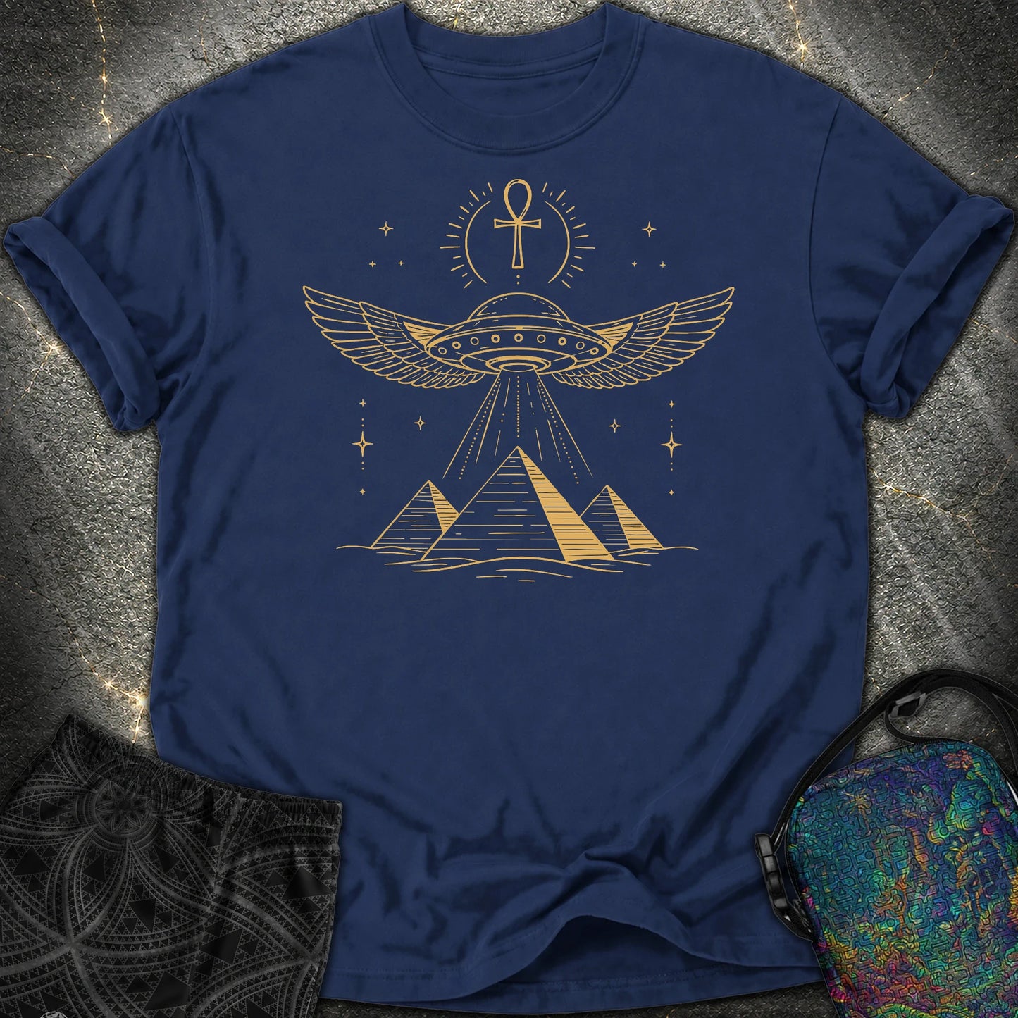 Winged Starship Over the Pyramids - Winged Starship Over the Pyramids Comfort T-Shirt - True Navy