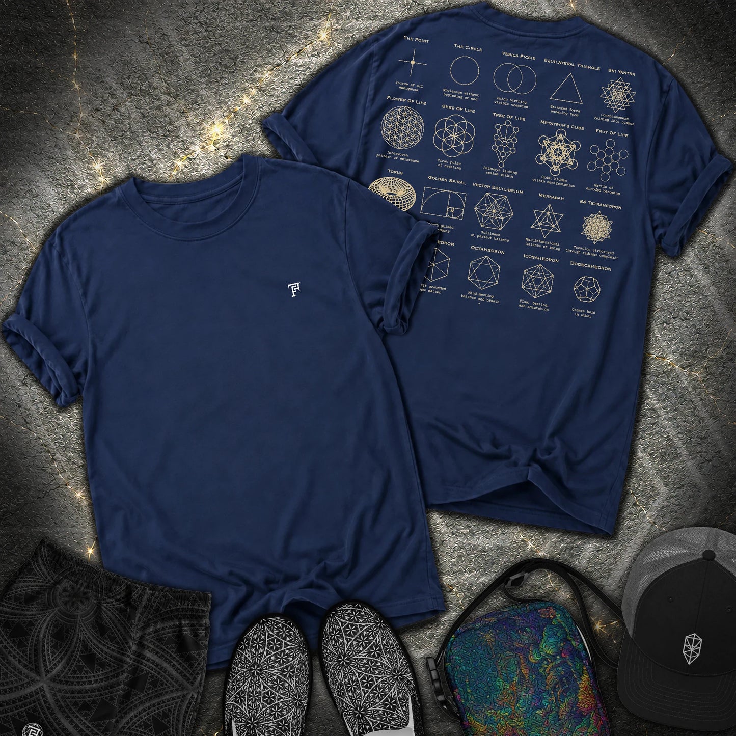 Sacred Geometry Figures Back Print 2 Sided Comfort T-Shirt - Sacred Geometry Figures Back Print 2 Sided Comfort T-Shirt - True Navy