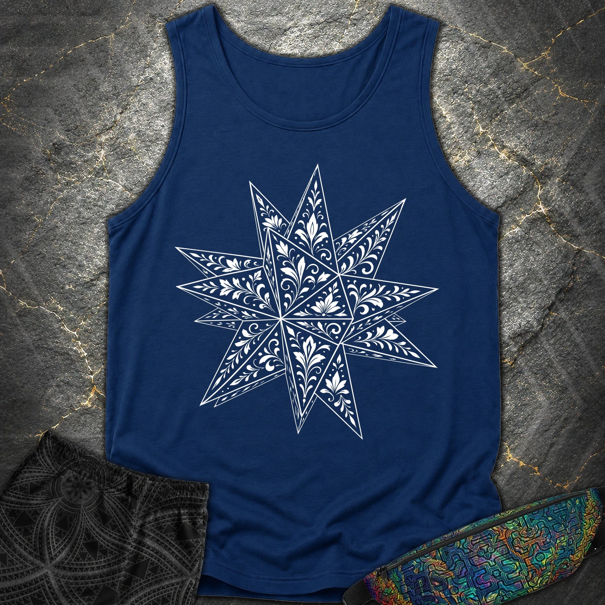 White Floral Stellated Dodecahedron - White Floral Stellated Dodecahedron Comfort Tank Top - True Navy