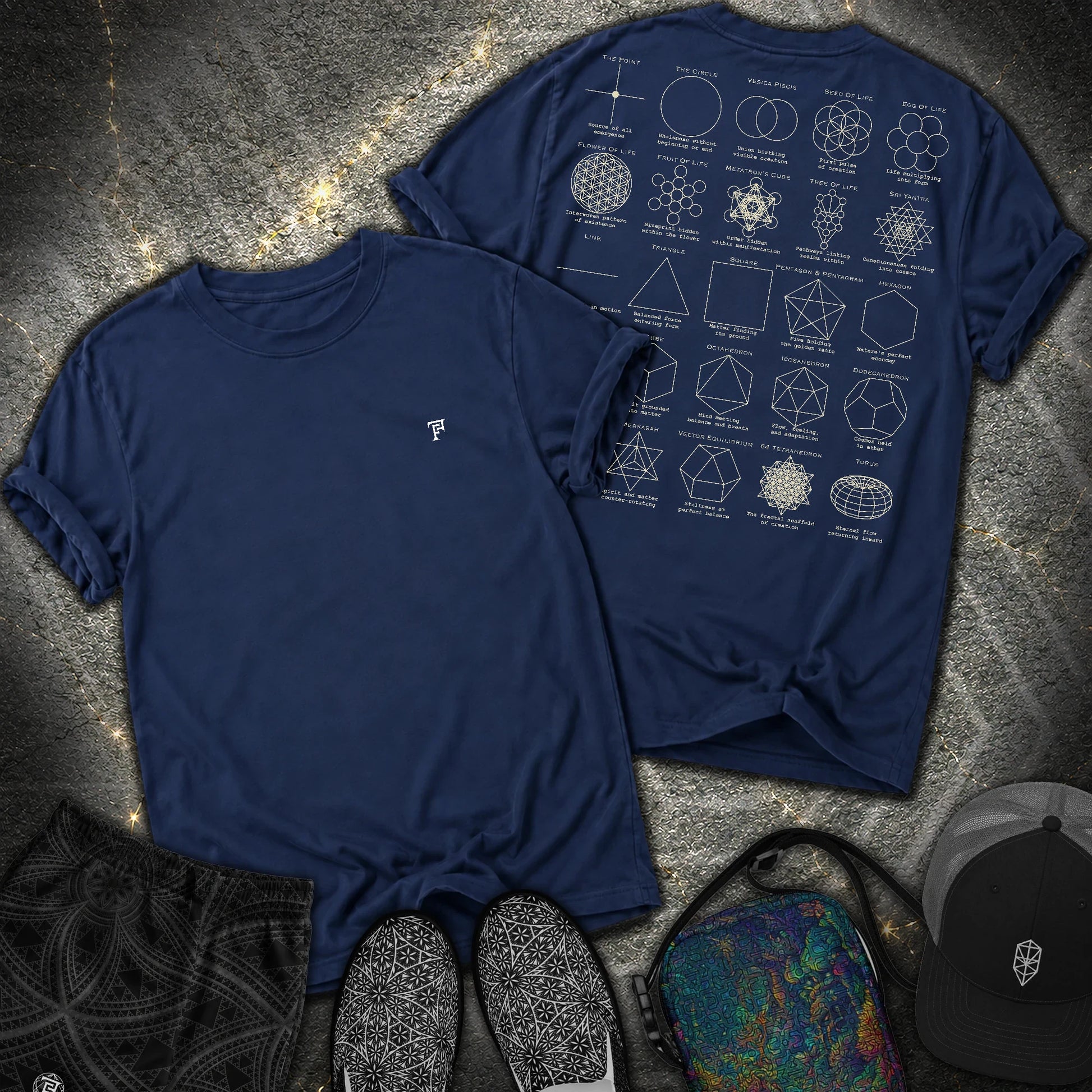 Sacred Geometry Figures Back Print 2 Sided Comfort T-Shirt - Sacred Geometry Figures Back Print 2 Sided Comfort T-Shirt - True Navy