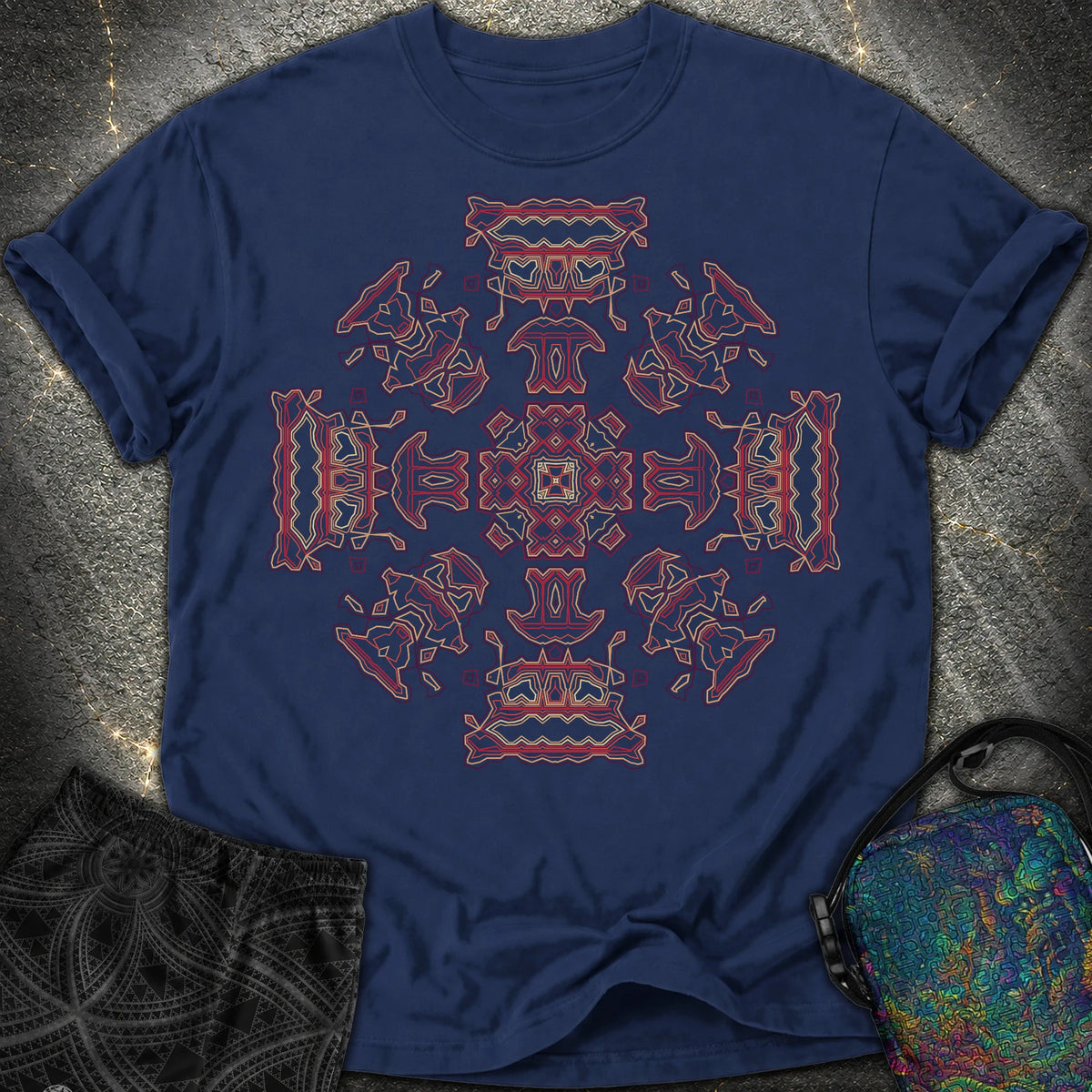 Shamanic Faces Geometric Comfort T-Shirt - Shamanic Faces Geometric Comfort T-Shirt - True Navy