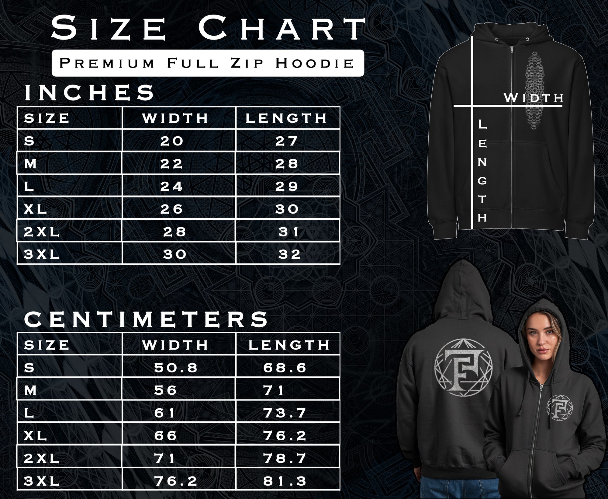 Garment measurements and size chart for Psytrance Frequency Premium Full Zip Hoodie
