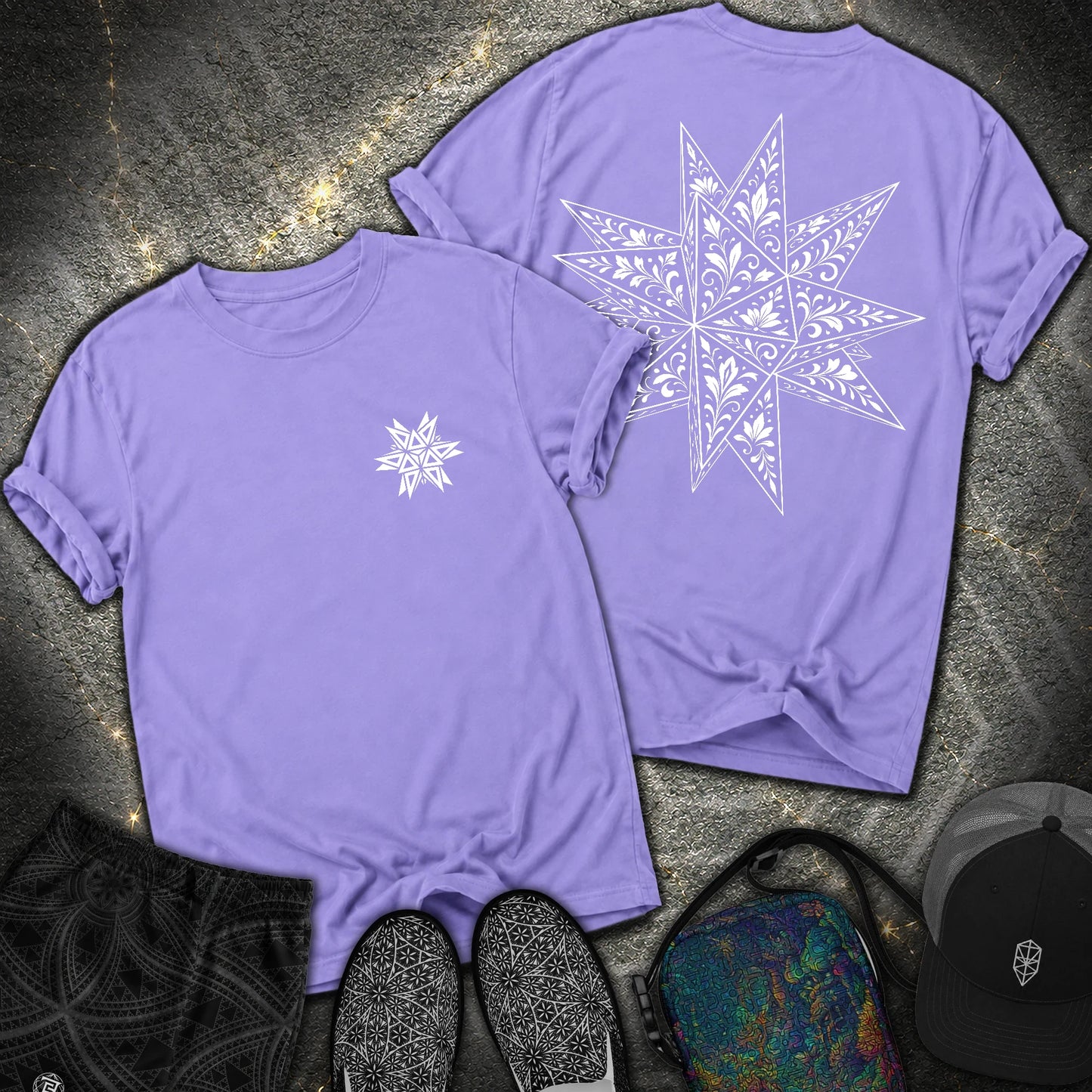 White Floral Stellated Dodecahedron 2 Sided Comfort T-Shirt - White Floral Stellated Dodecahedron 2 Sided Comfort T-Shirt - Violet