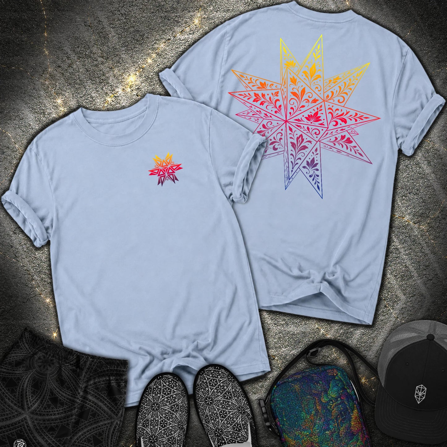 Colorful Stellated Dodecahedron 2 Sided Comfort T-Shirt - Colorful Stellated Dodecahedron 2 Sided Comfort T-Shirt - Washed Denim