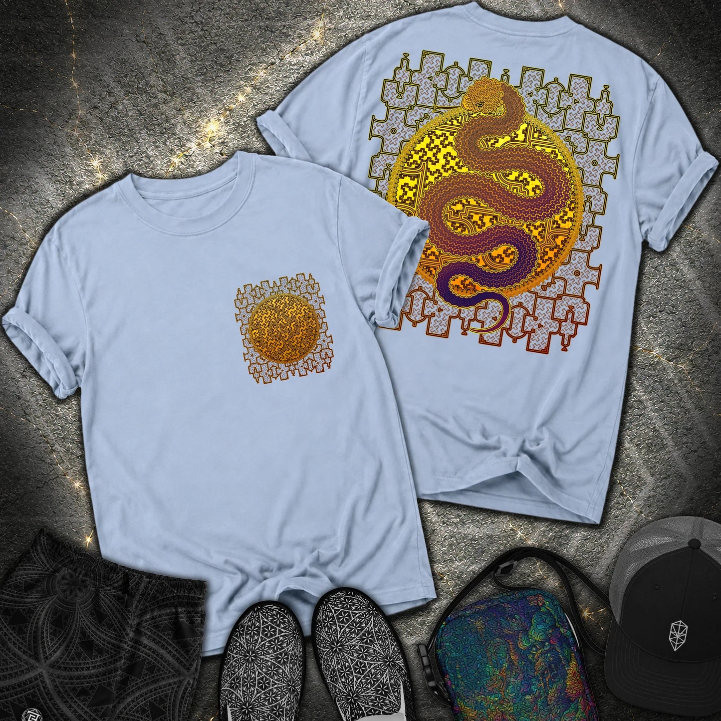 Shipibo Kene Cosmic Snake Comfort 2 Sided T-shirt - Shipibo Kene Cosmic Snake Comfort 2 Sided T-shirt - Washed Denim