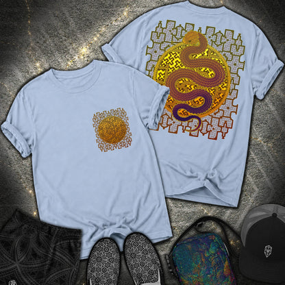 Shipibo Kene Cosmic Snake Comfort 2 Sided T-shirt - Shipibo Kene Cosmic Snake Comfort 2 Sided T-shirt - Washed Denim