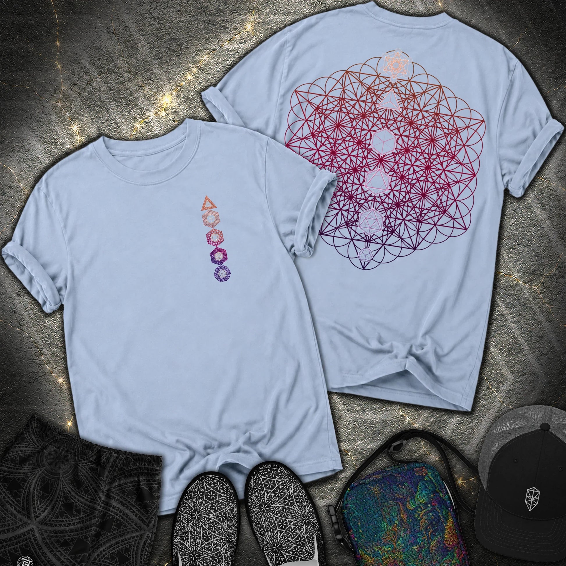 64 Tetrahedron Platonic Solids Metatron 2 Sided Comfort T-shirt - 64 Tetrahedron Platonic Solids Metatron 2 Sided Comfort T-shirt - Washed Denim