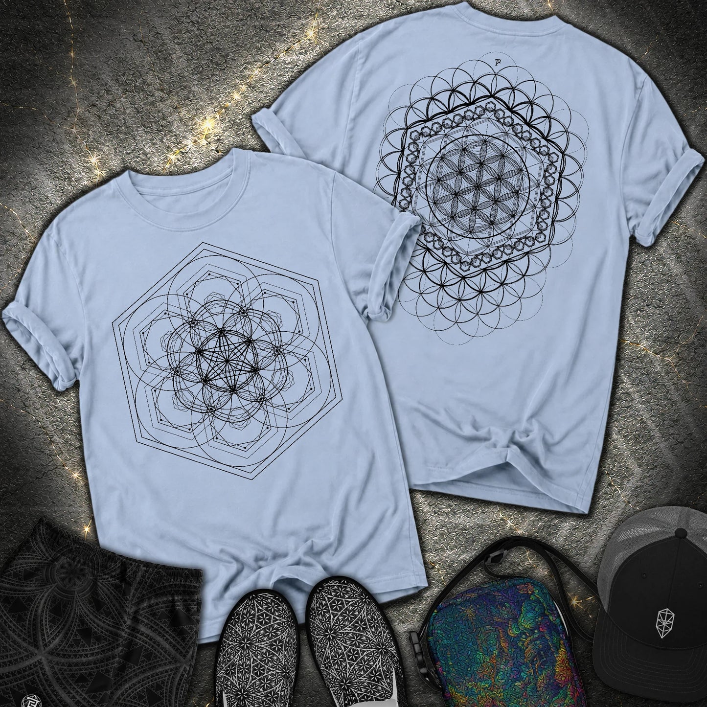 Harmony Flower Grid 2 Sided Comfort T-Shirt - Harmony Flower Grid 2 Sided Comfort T-Shirt - Washed Denim