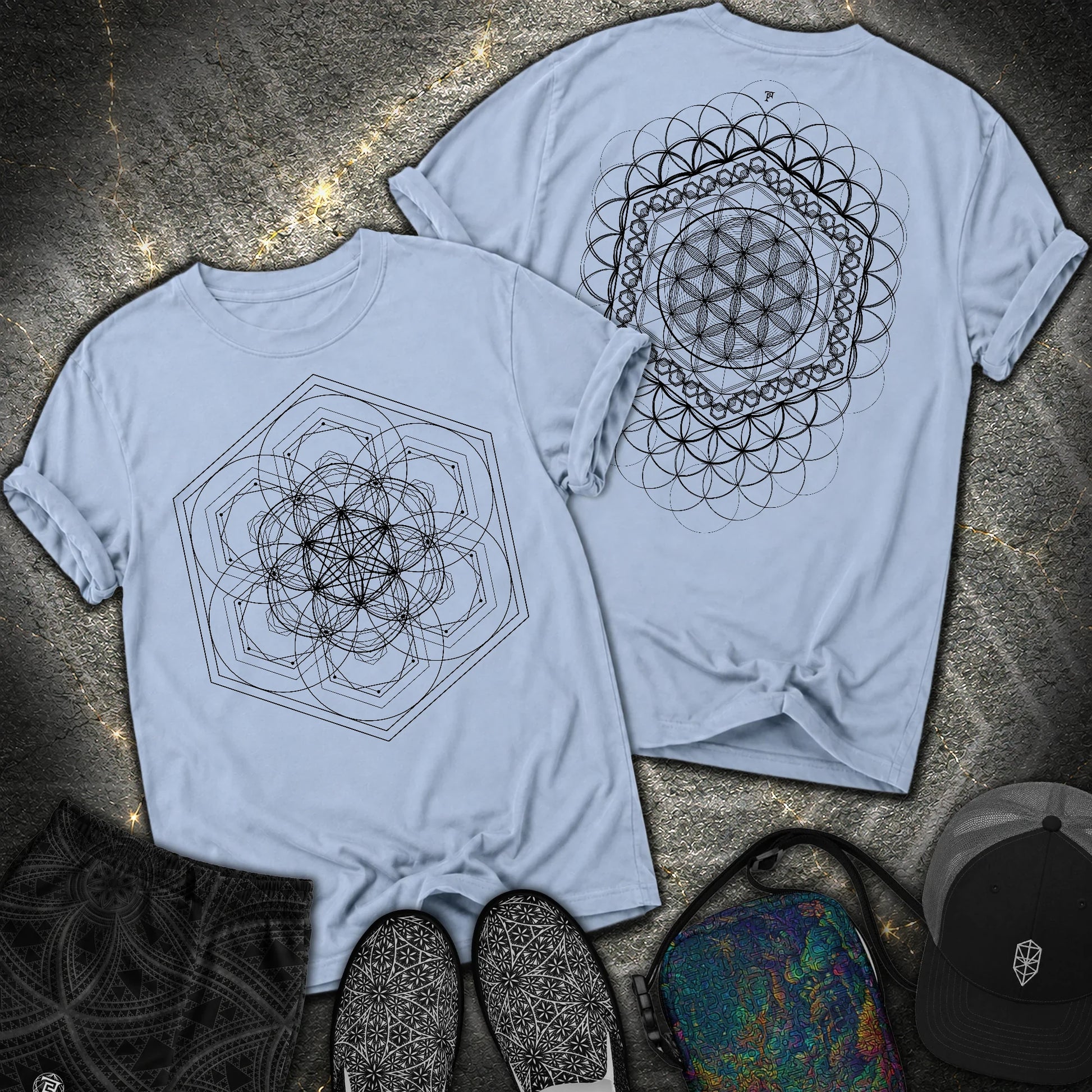 Harmony Flower Grid 2 Sided Comfort T-Shirt - Harmony Flower Grid 2 Sided Comfort T-Shirt - Washed Denim
