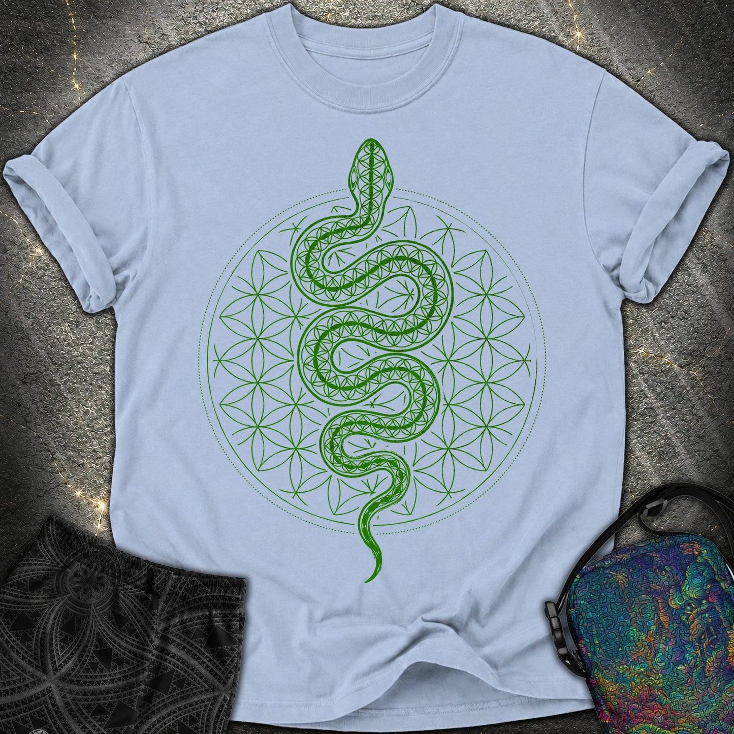 Flower of Life Serpent Comfort T-Shirt - Flower of Life Serpent Comfort T-Shirt - Washed Denim