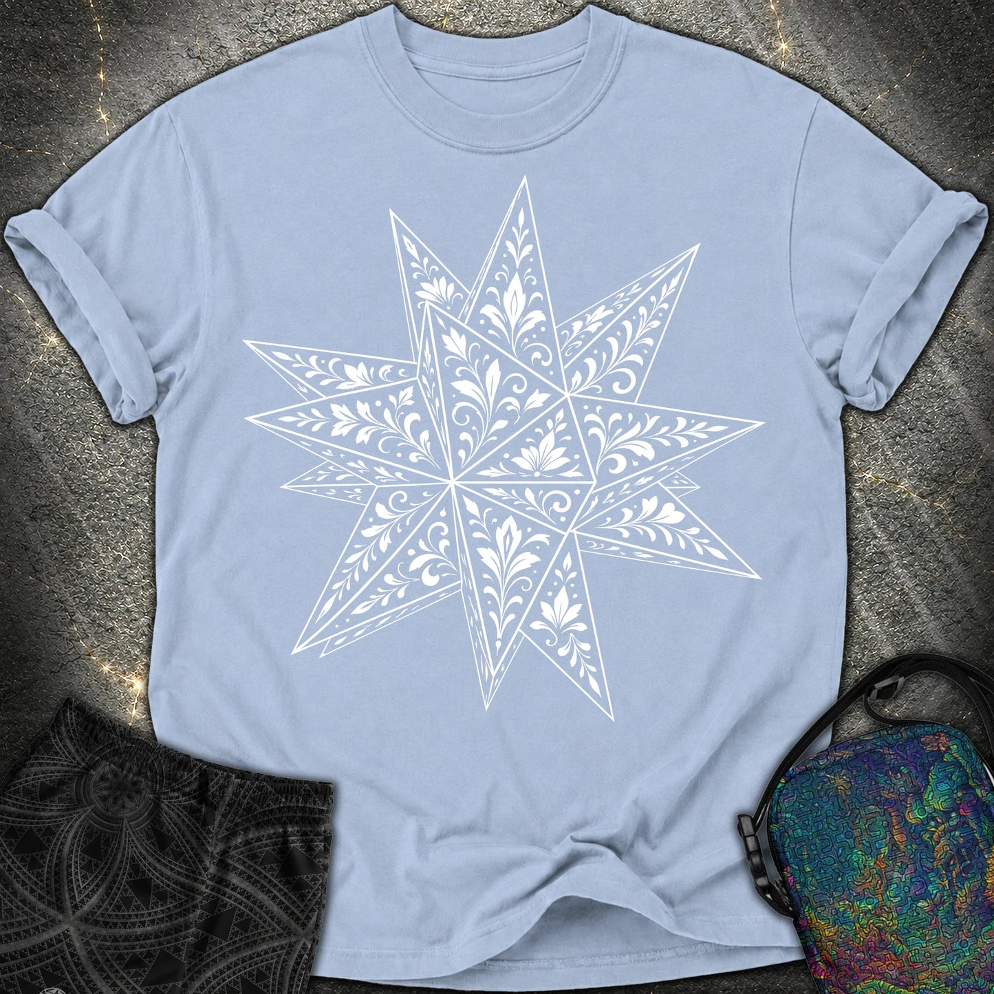 White Floral Stellated Dodecahedron - White Floral Stellated Dodecahedron Comfort T-Shirt - Washed Denim