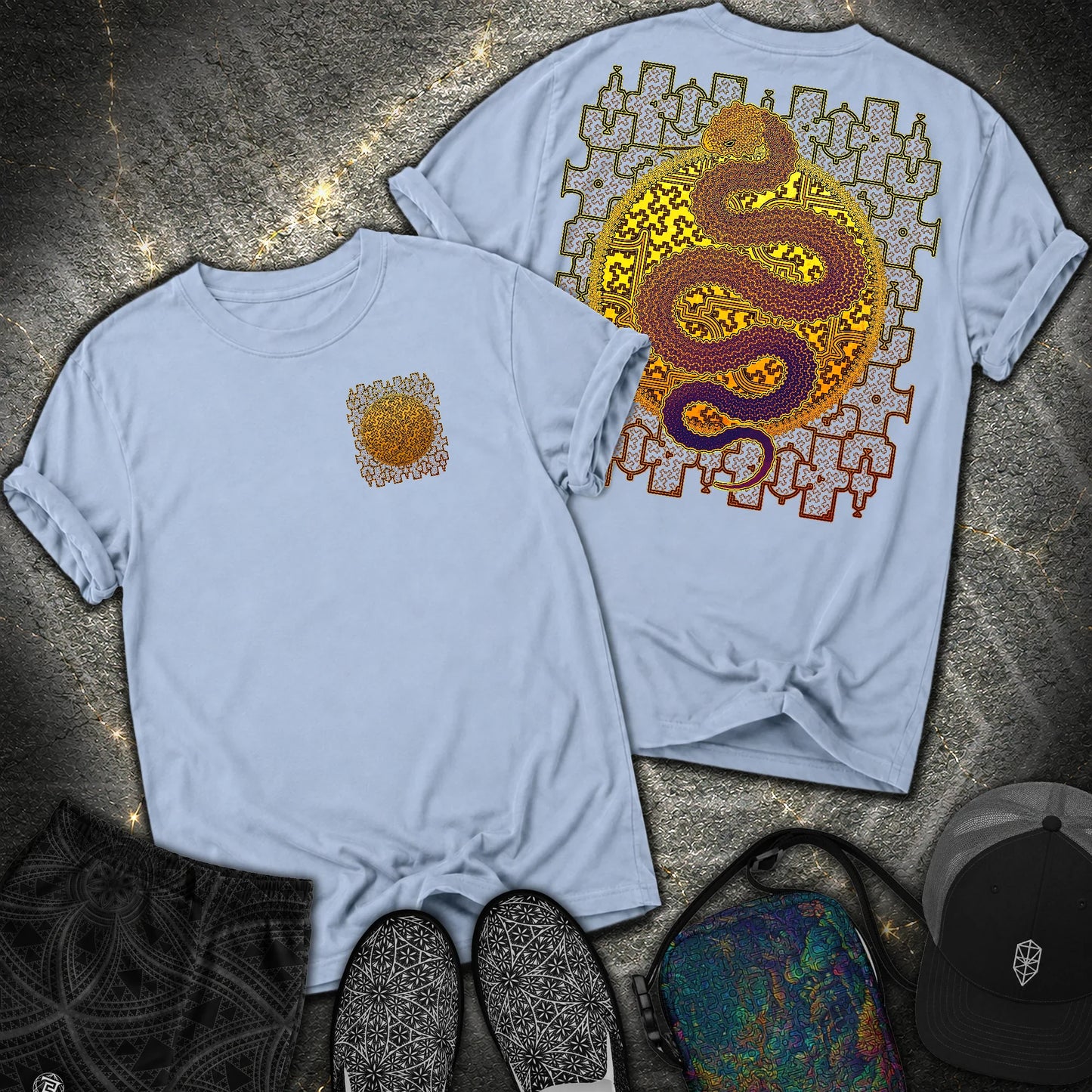Shipibo Kene Cosmic Snake Comfort 2 Sided T-shirt - Shipibo Kene Cosmic Snake Comfort 2 Sided T-shirt - Washed Denim