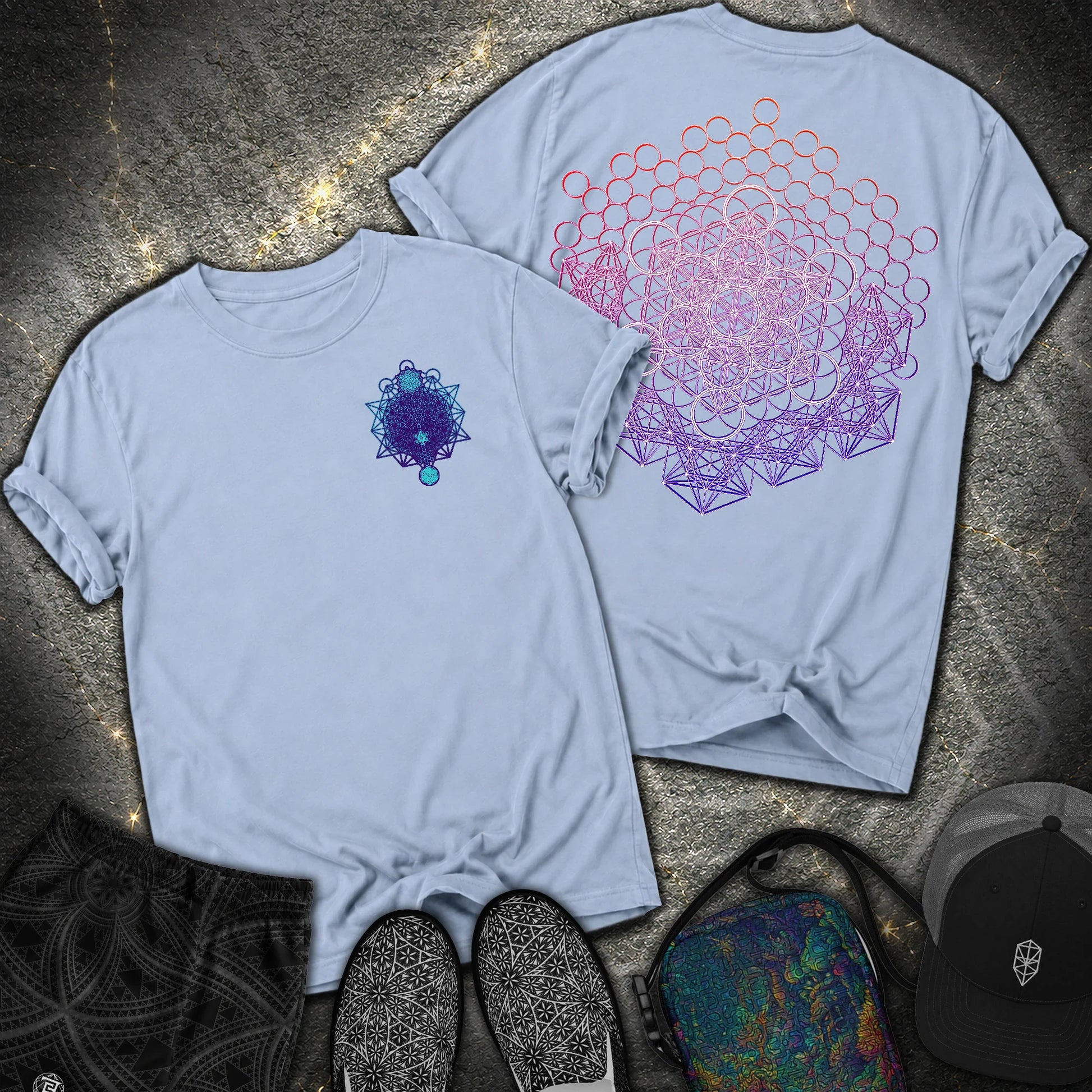 Metatron And Flower Connection 2 Sided Comfort T-Shirt - Metatron And Flower Connection Comfort 2 Sided T-Shirt - Washed Denim