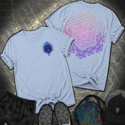 Metatron And Flower Connection 2 Sided Comfort T-Shirt - Metatron And Flower Connection Comfort 2 Sided T-Shirt - Washed Denim