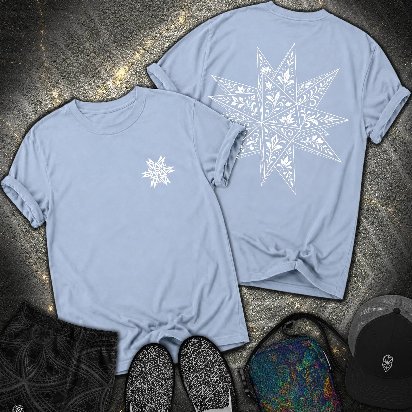 White Floral Stellated Dodecahedron 2 Sided Comfort T-Shirt - White Floral Stellated Dodecahedron 2 Sided Comfort T-Shirt - Washed Denim