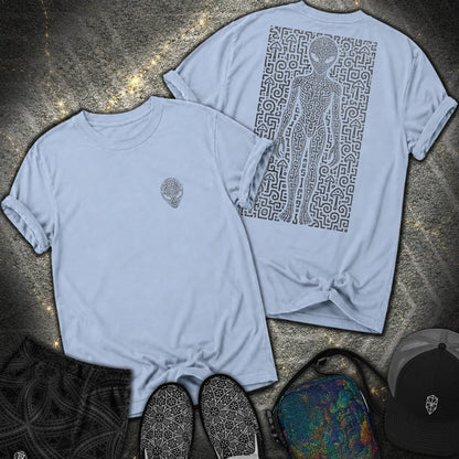 Psychedelic Distressed Alien 2 Sided Comfort T-Shirt - Psychedelic Distressed Alien 2 Sided Comfort T-Shirt - Washed Denim