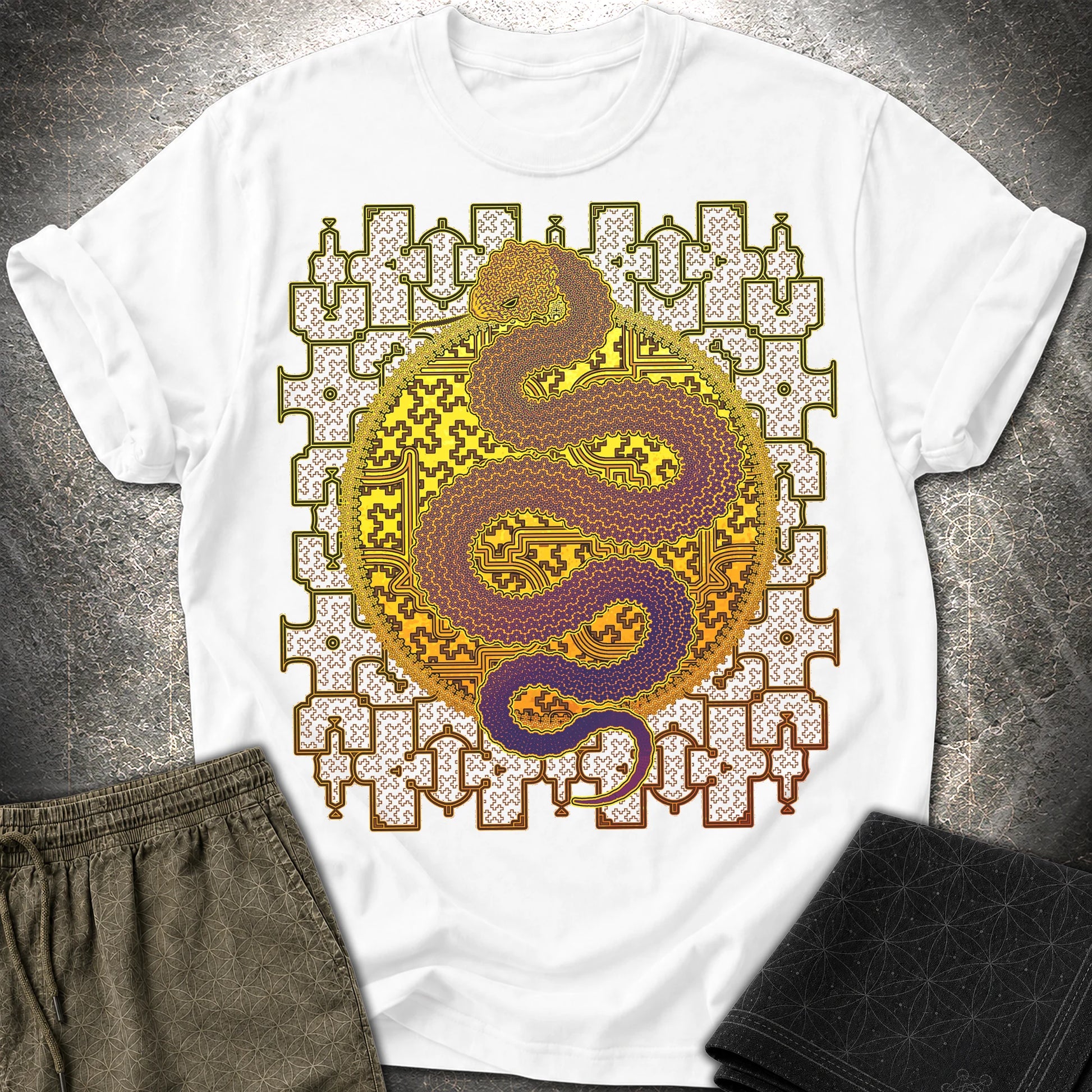 Shipibo Kene Cosmic Snake - Shipibo Kene Cosmic Snake T-Shirt - White