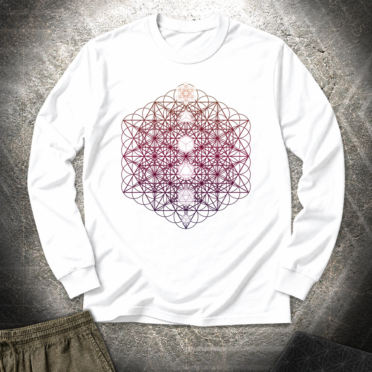 64 Tetrahedron Platonic Solids Metatron - 64 Tetrahedron Platonic Solids Metatron Long Sleeve Shirt - White