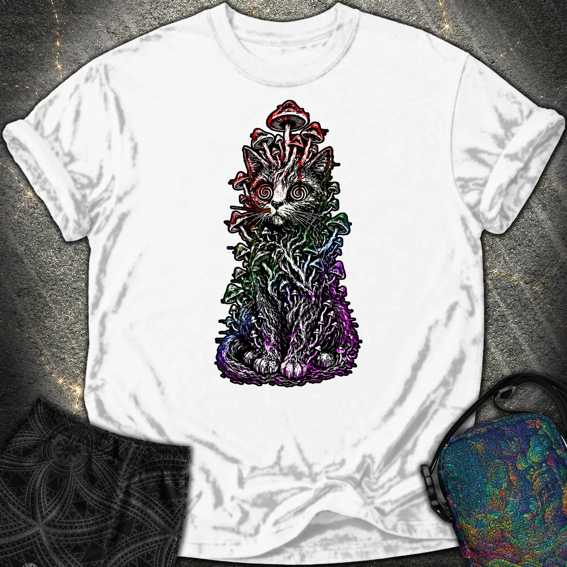 Trippy Mushroom Cat Comfort T-Shirt - Trippy Mushroom Cat Comfort T-Shirt - White