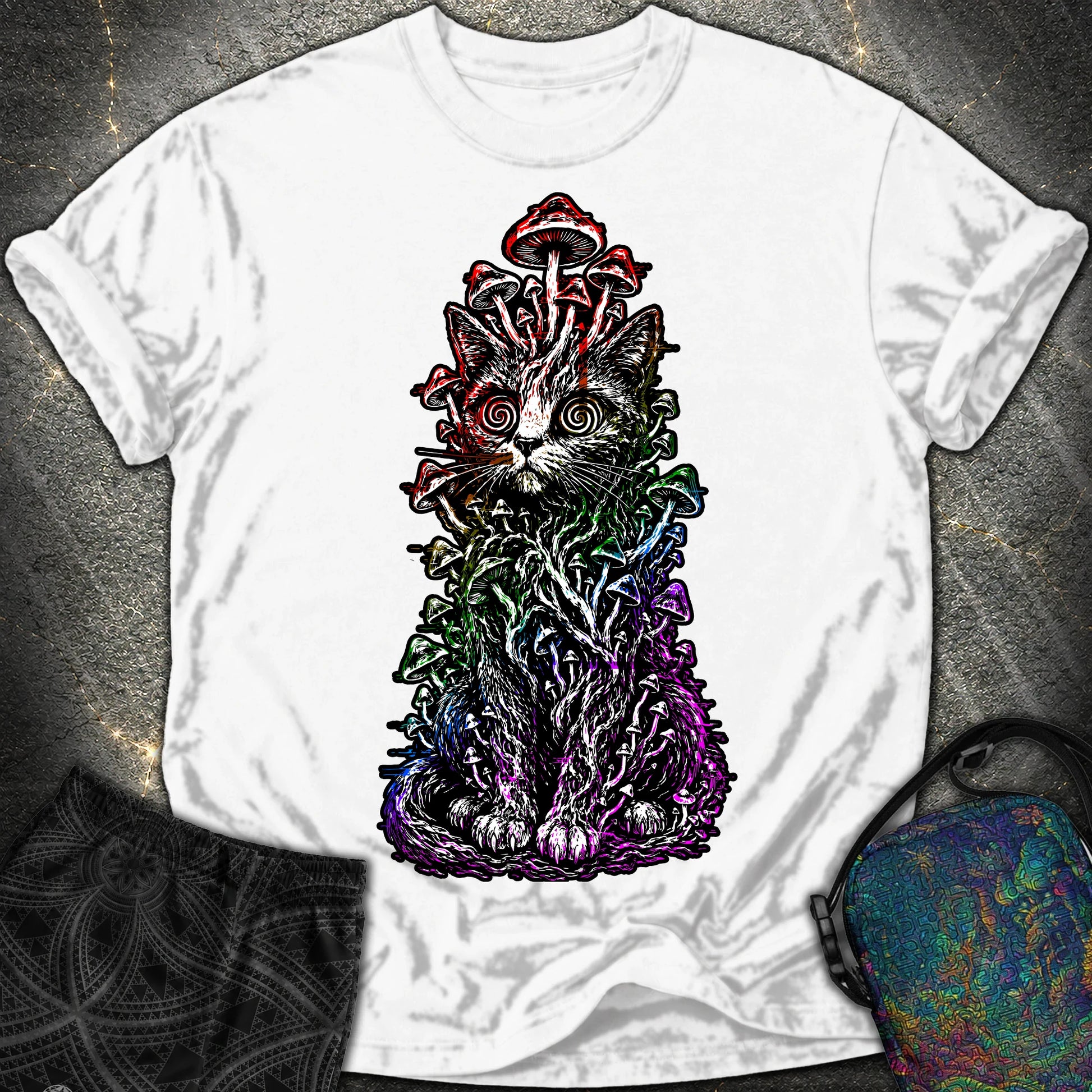 Trippy Mushroom Cat Comfort T-Shirt - Trippy Mushroom Cat Comfort T-Shirt - White