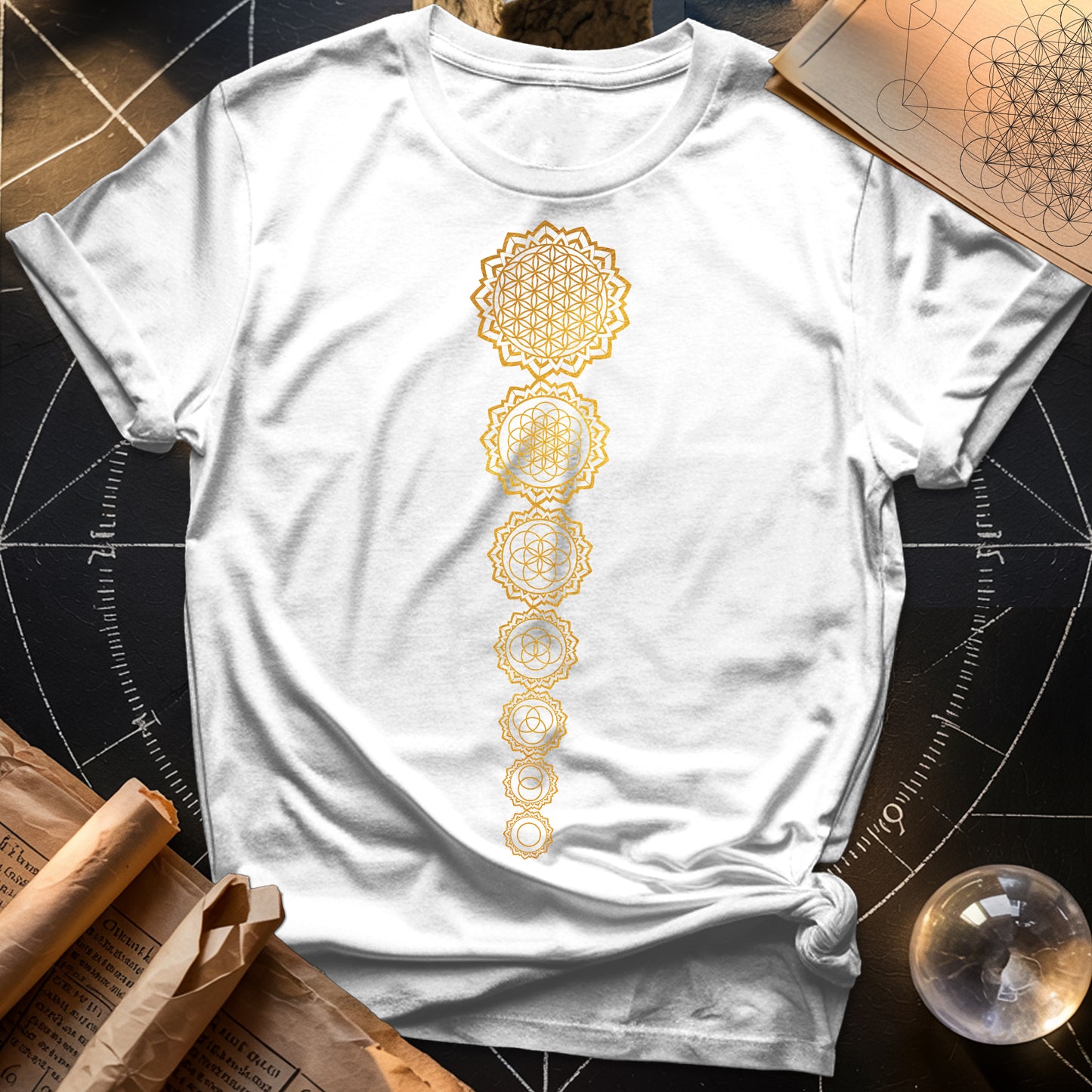 Gold Flower Of lIfe Chakras T-Shirt