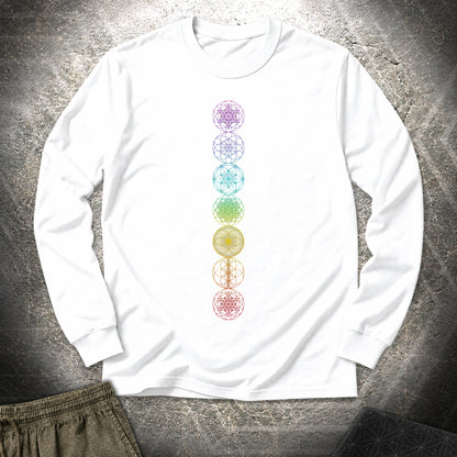 7 Sacred Geometry Chakras - 7 Sacred Geometry Chakras Long Sleeve Shirt - White