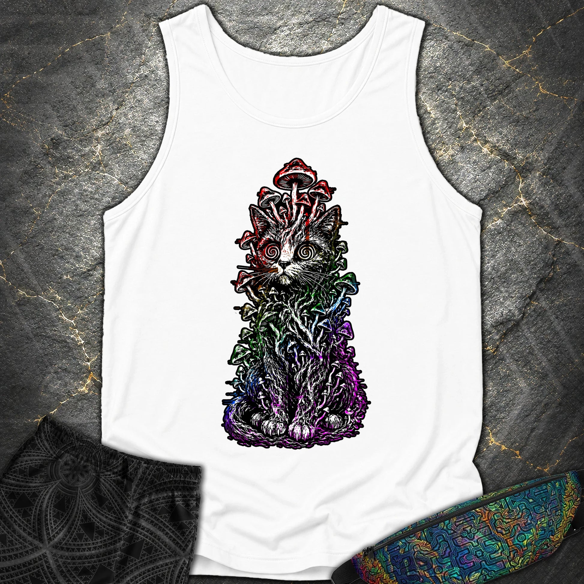 Trippy Mushroom Cat Comfort Tank - Trippy Mushroom Cat Comfort Tank - White