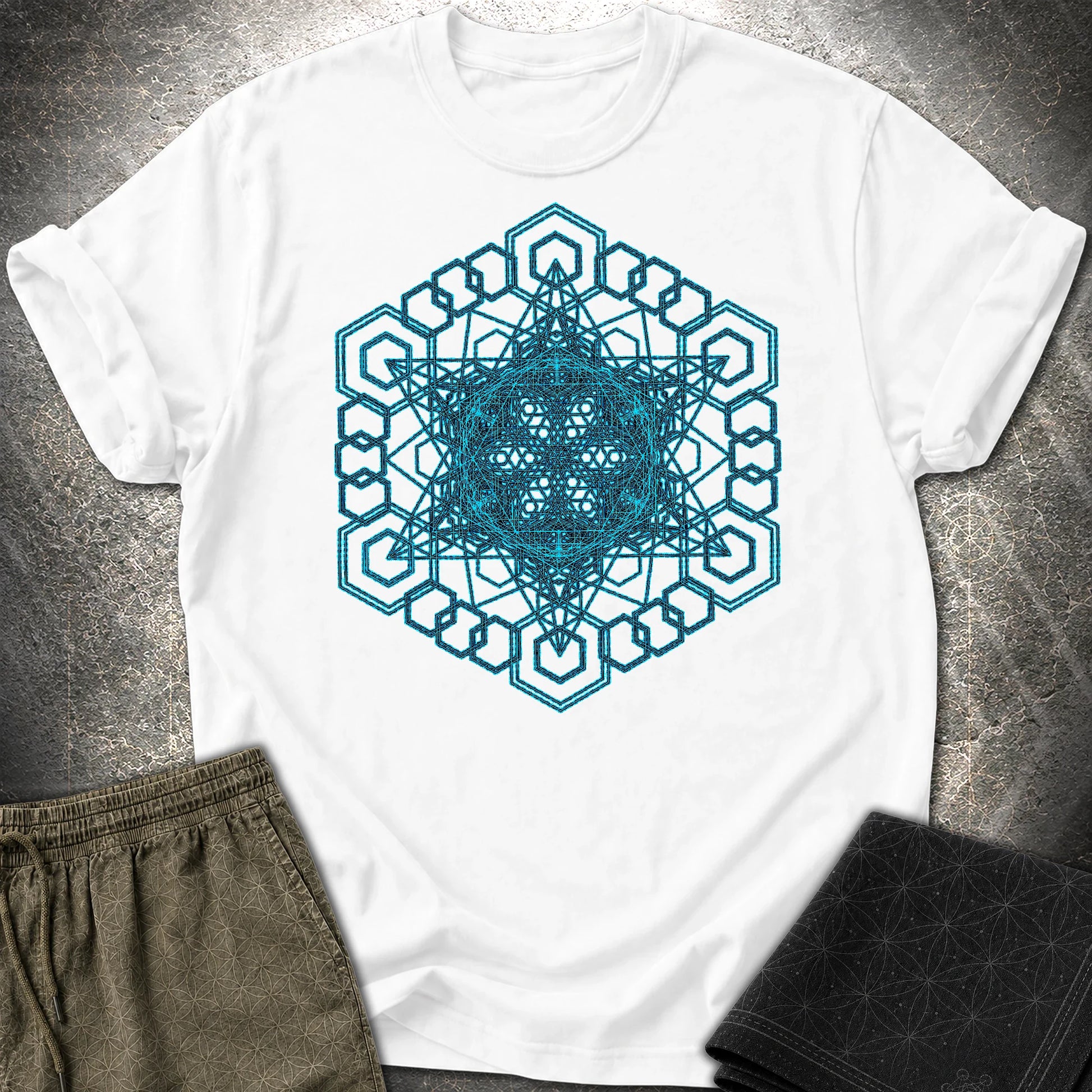 Sacred Geometry T-Shirt, Blue Geometric Mandala Shirt, Visionary Pattern Graphic Tee - Sacred Geometry T-Shirt, Blue Geometric Mandala Shirt, Visionary Pattern Graphic Tee - White