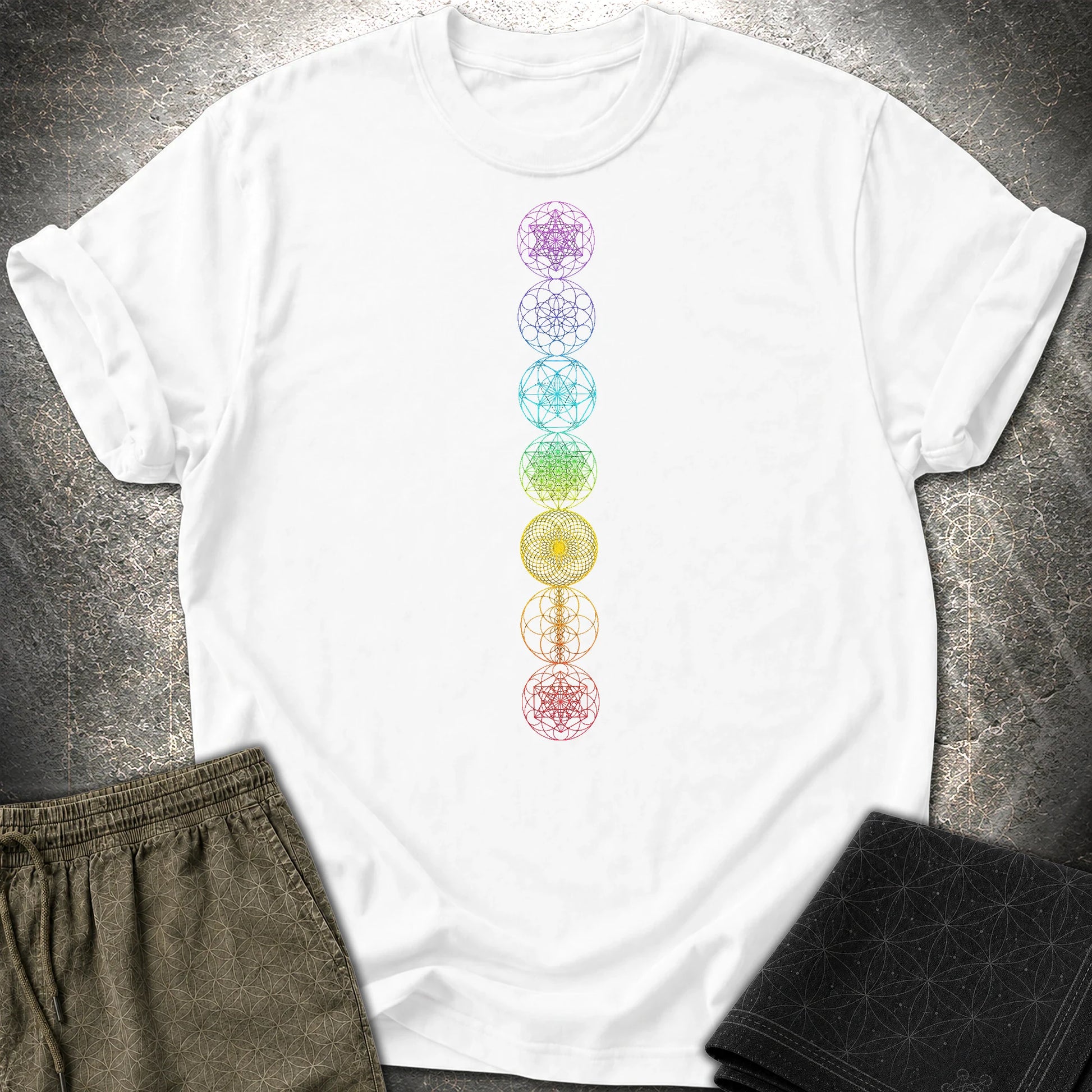 7 Sacred Geometry Chakras T-Shirt - 7 Sacred Geometry Chakras T-Shirt - White