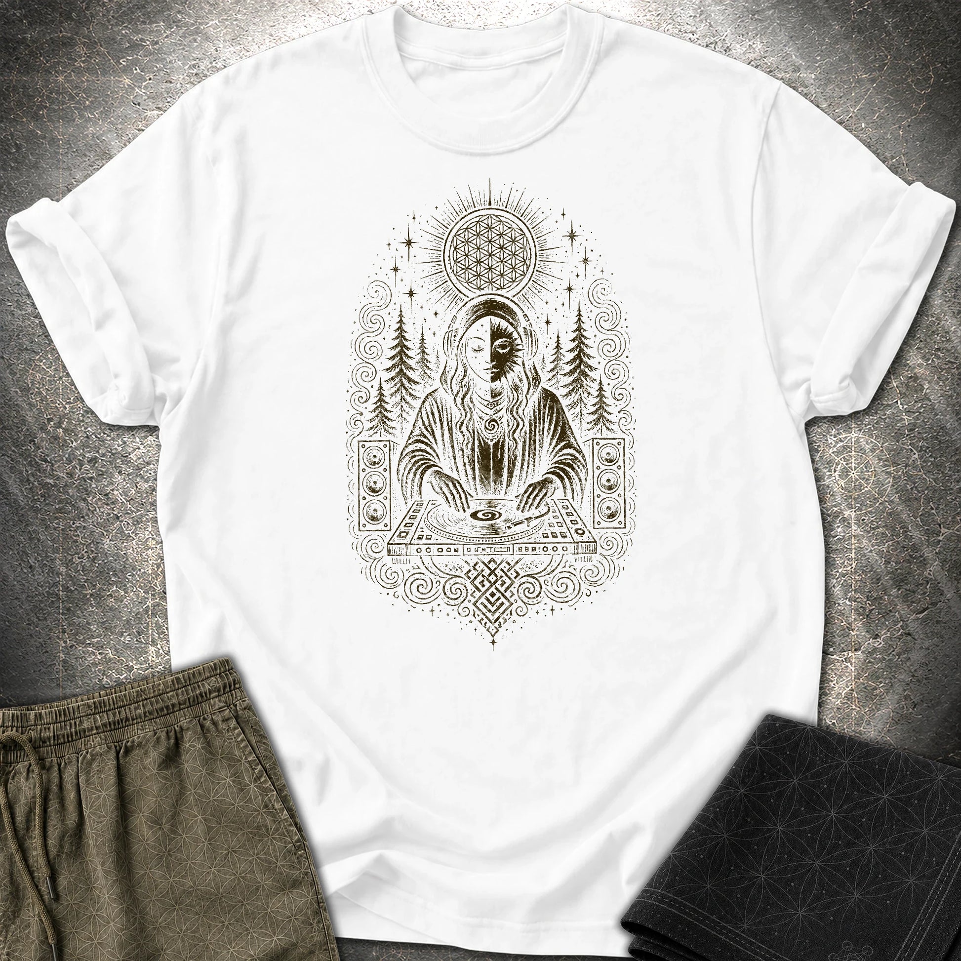 Mystic DJ T-Shirt, Psychedelic Rave Goddess Shirt, Sacred Geometry Festival Graphic Tee - Mystic DJ T-Shirt, Psychedelic Rave Goddess Shirt, Sacred Geometry Festival Graphic Tee - White